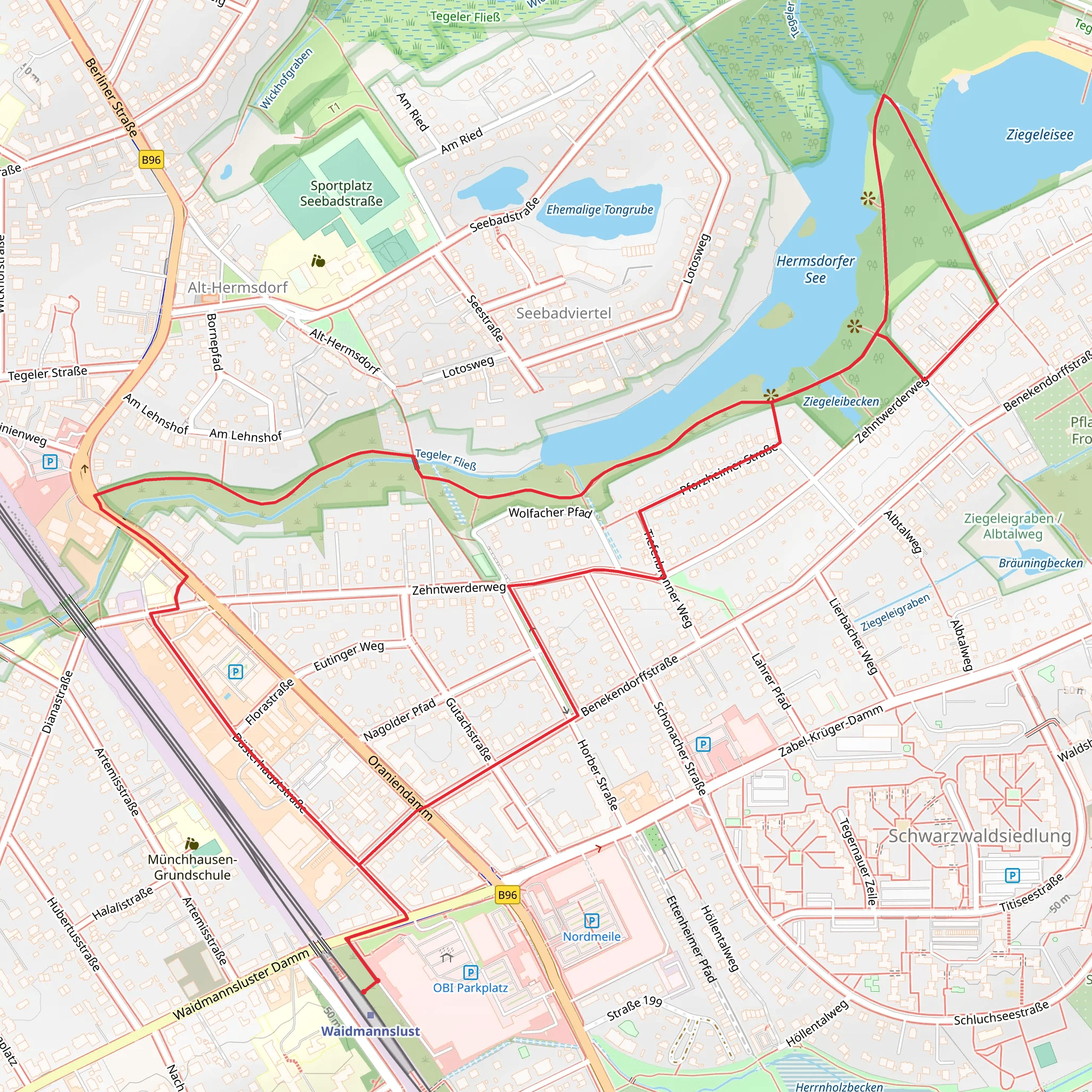 Tegeler Fließ and Ziegeleisee via Wanderweg mobile static map