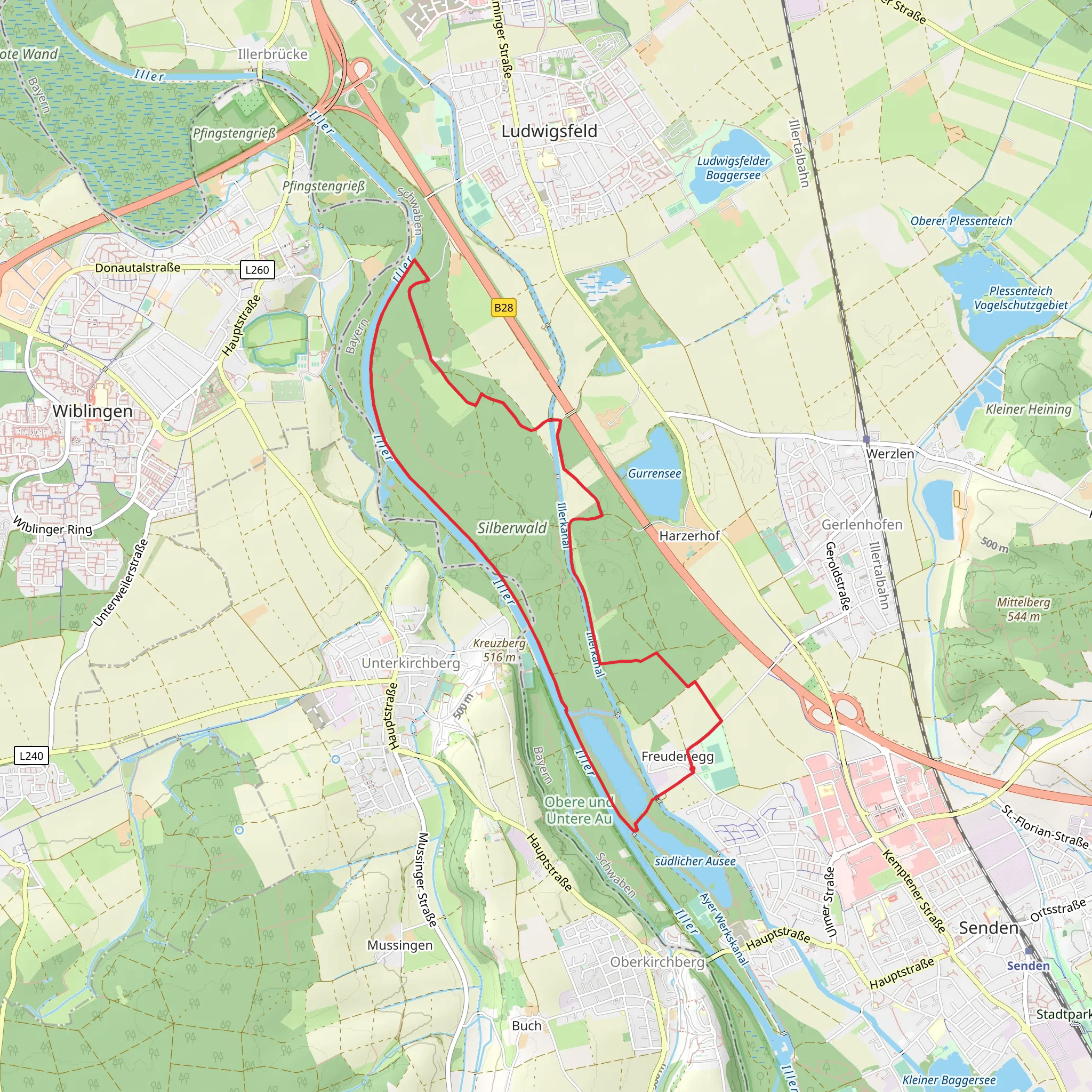 Nördlicher Ausee and Iller via Illerholzwzweg and Oberkirchberg - Thalfingen mobile static map