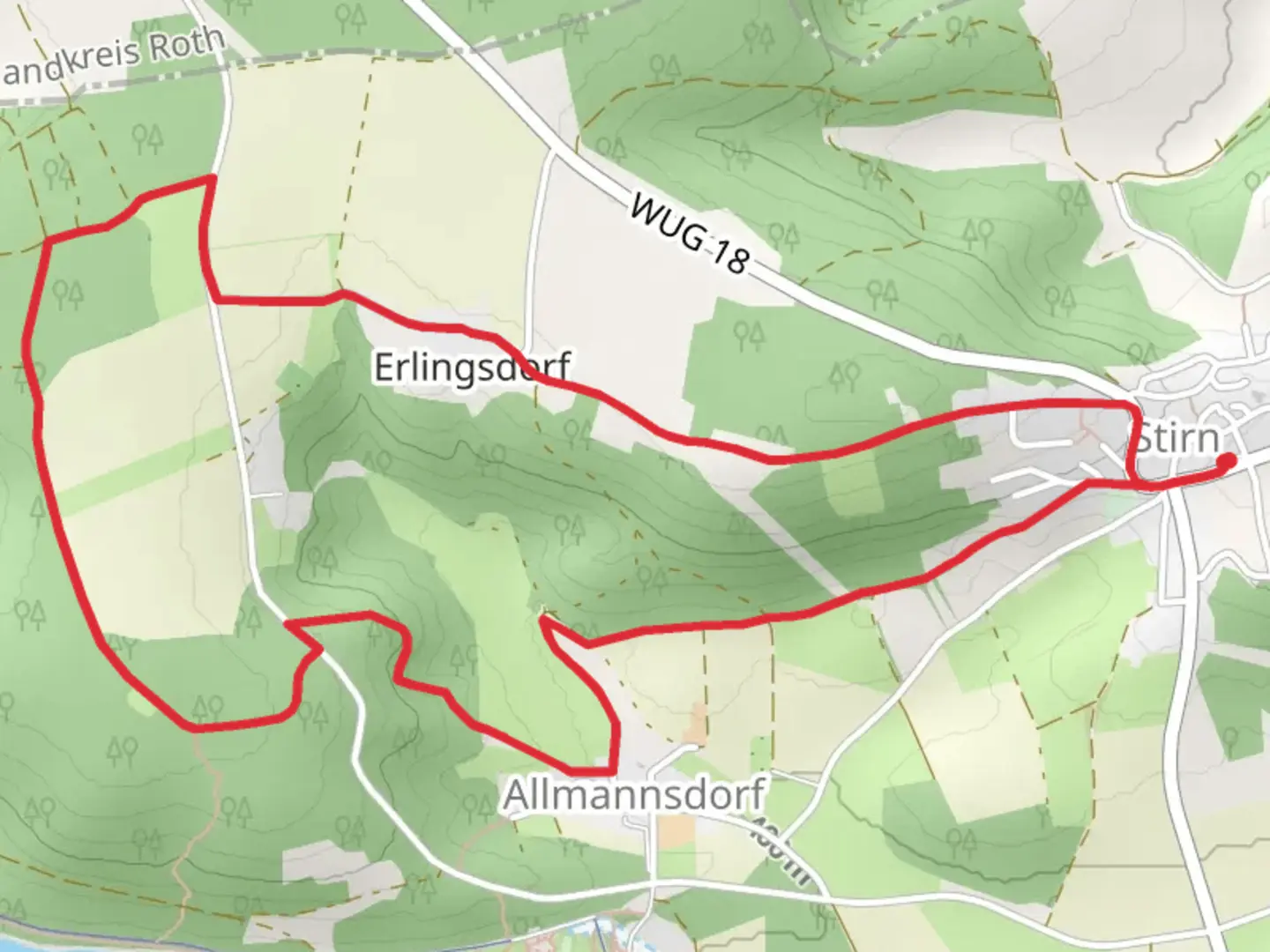 An image depicting the trail Stirn to Birklein Loop via Pleinfeld 83 and its surrounding area.