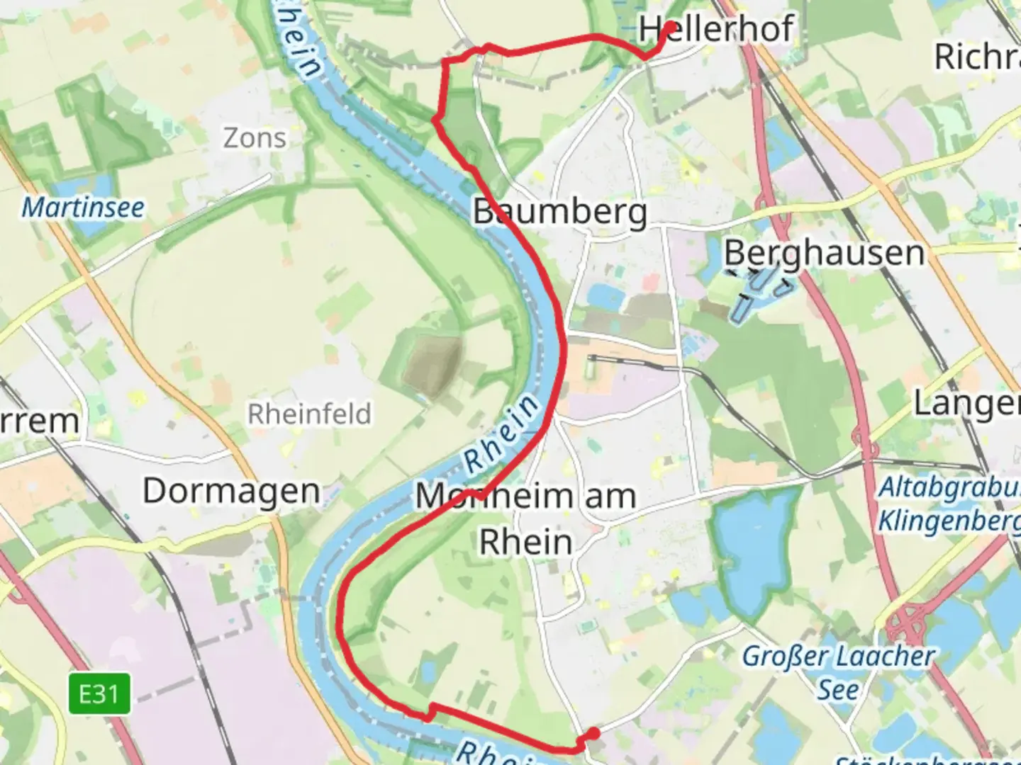 An image depicting the trail Hellerhof to Blee via Rhine and its surrounding area.