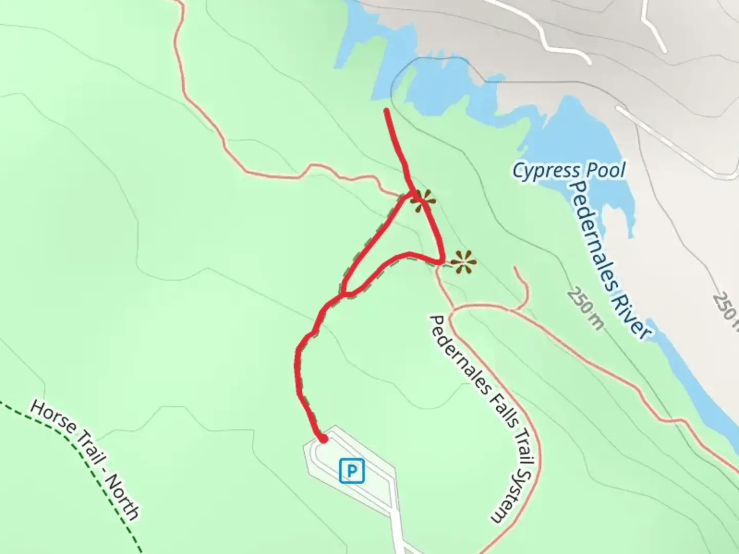 An image depicting the trail Park Road 6026 to Pedernales River and its surrounding area.