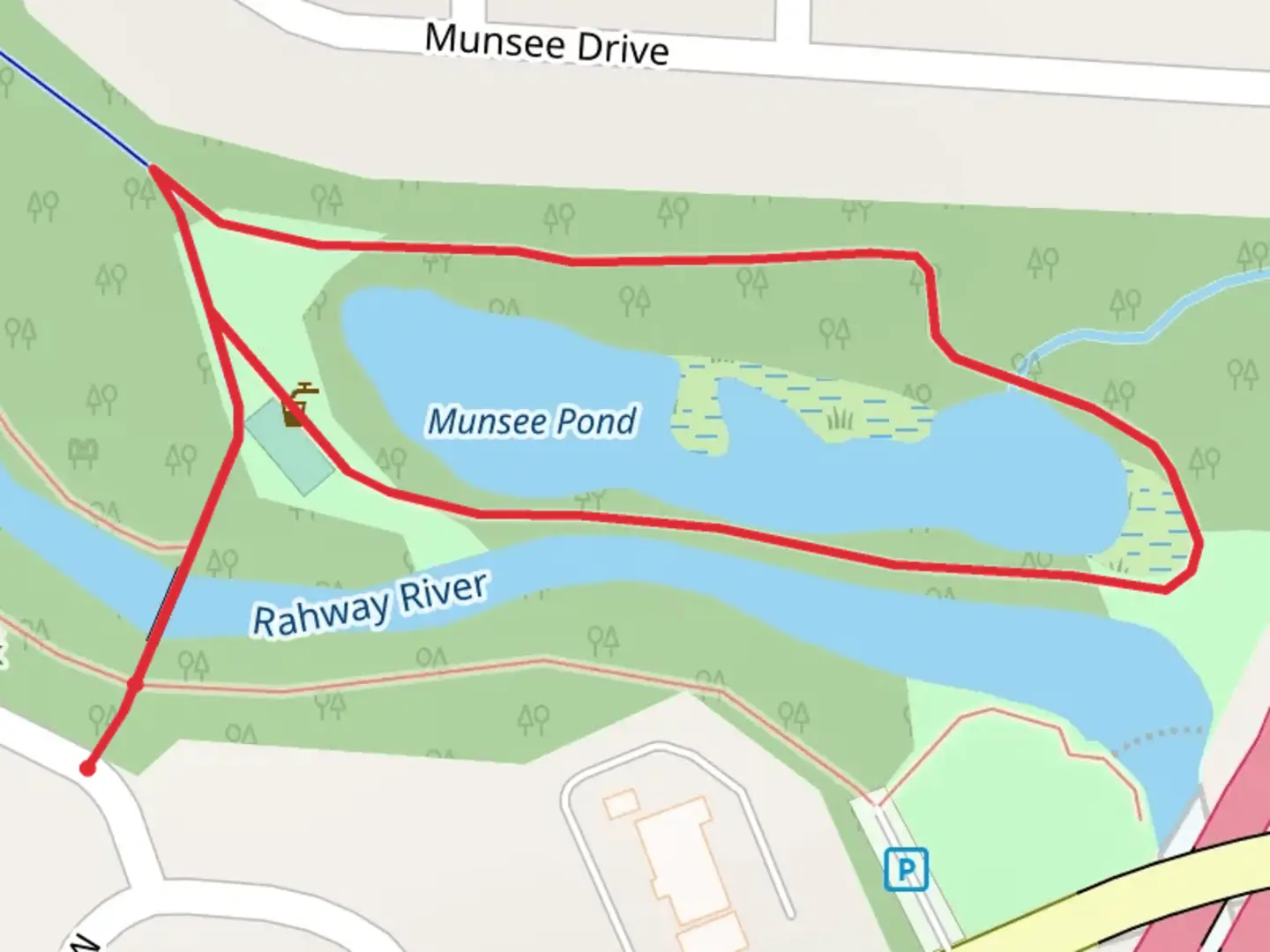 An image depicting the trail Munsee Pond Loop and its surrounding area.