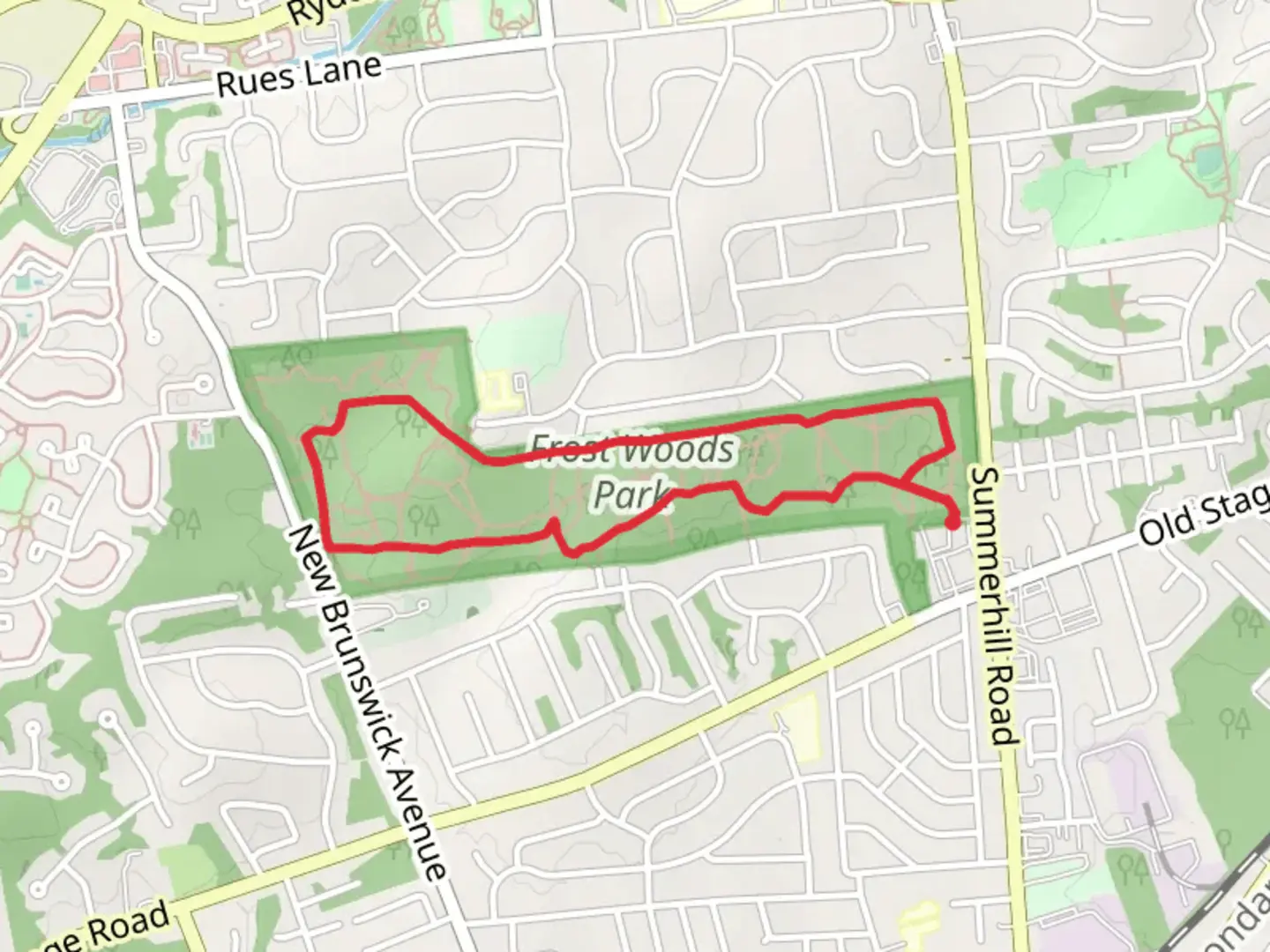An image depicting the trail Frost Woods Park Loop and its surrounding area.