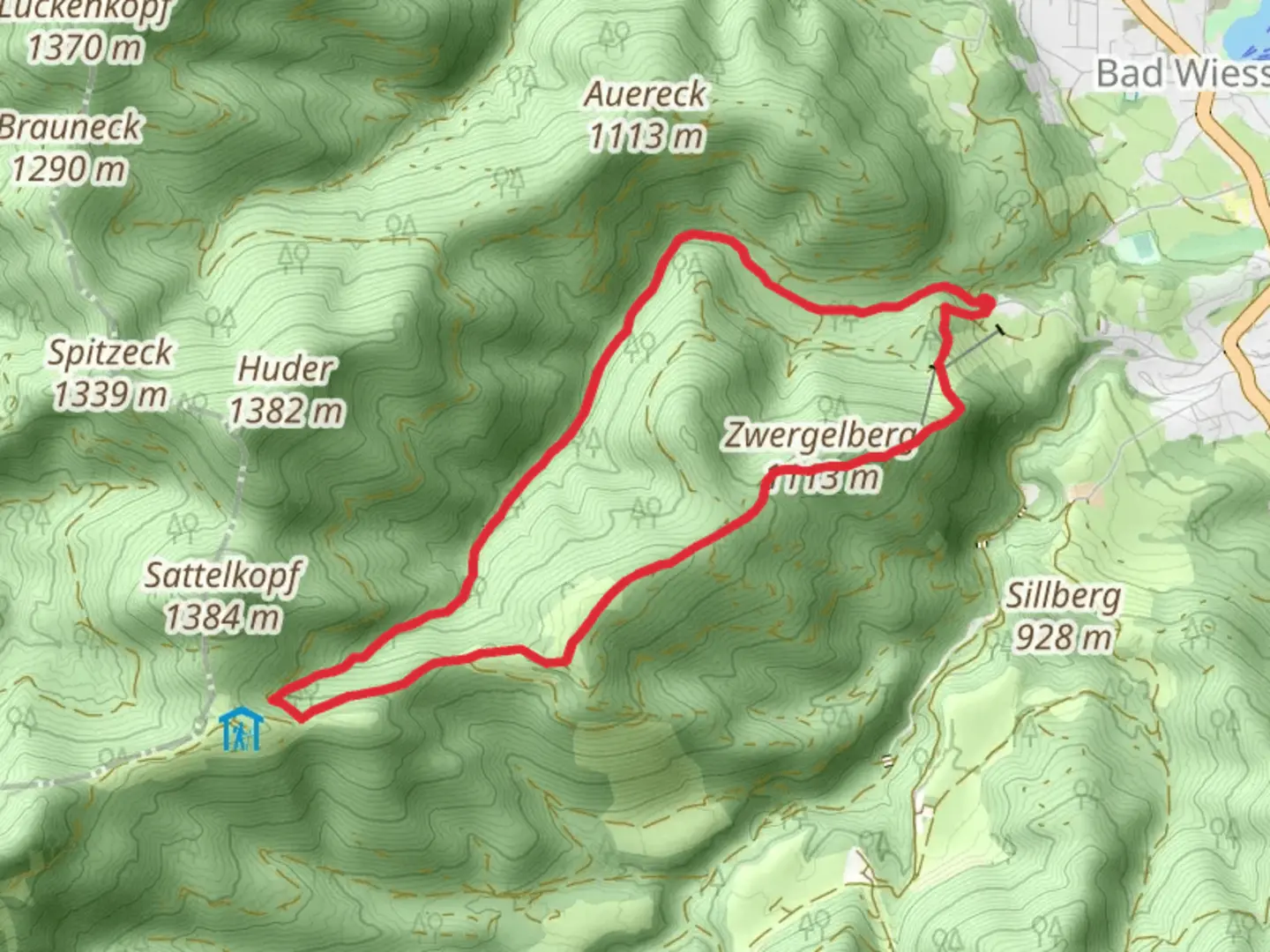 An image depicting the trail Zwergelberg Peak and Maximiliansweg Loop and its surrounding area.