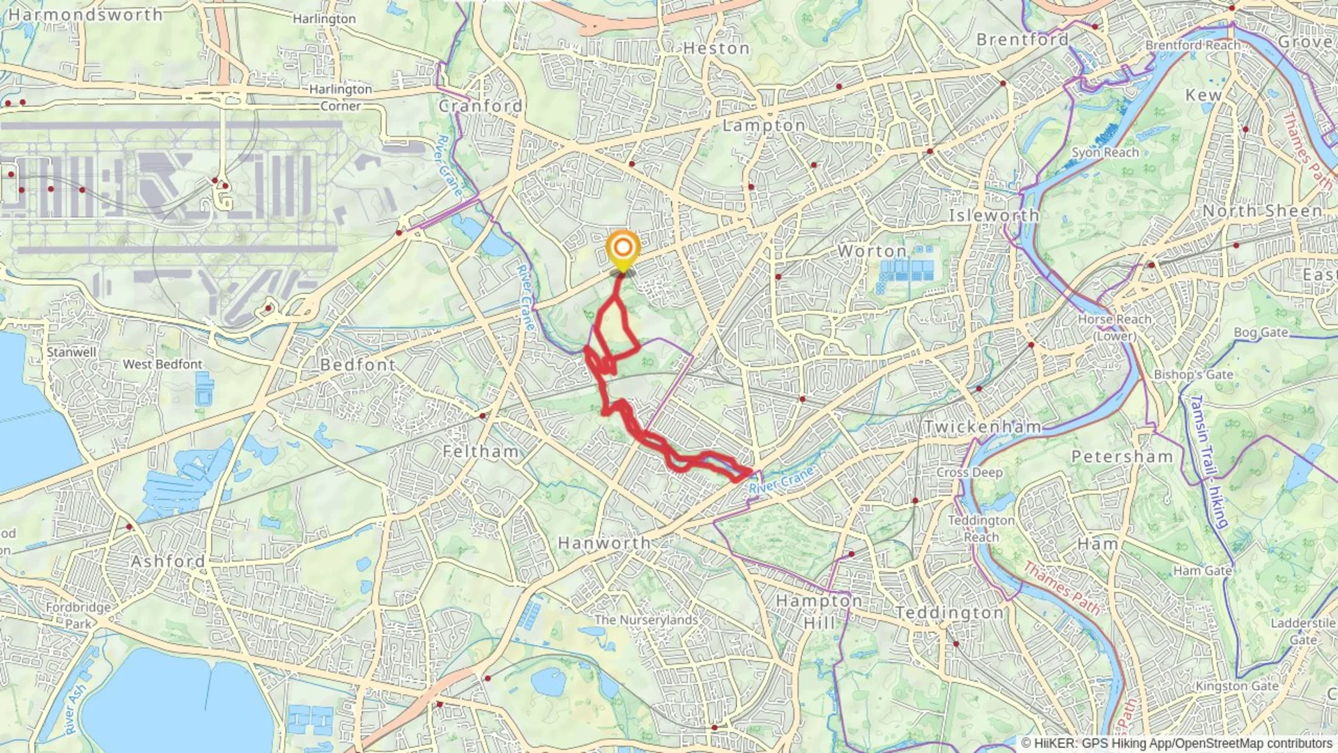 An image depicting the trail Hounslow Heath and River Crane Loop and its surrounding area.