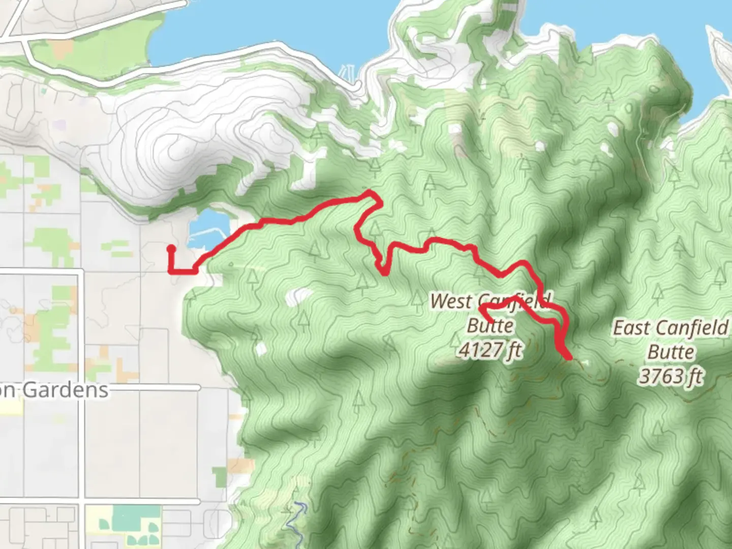 An image depicting the trail West Canfield Butte via Trail 29 Tottens Pond and Trail D and its surrounding area.