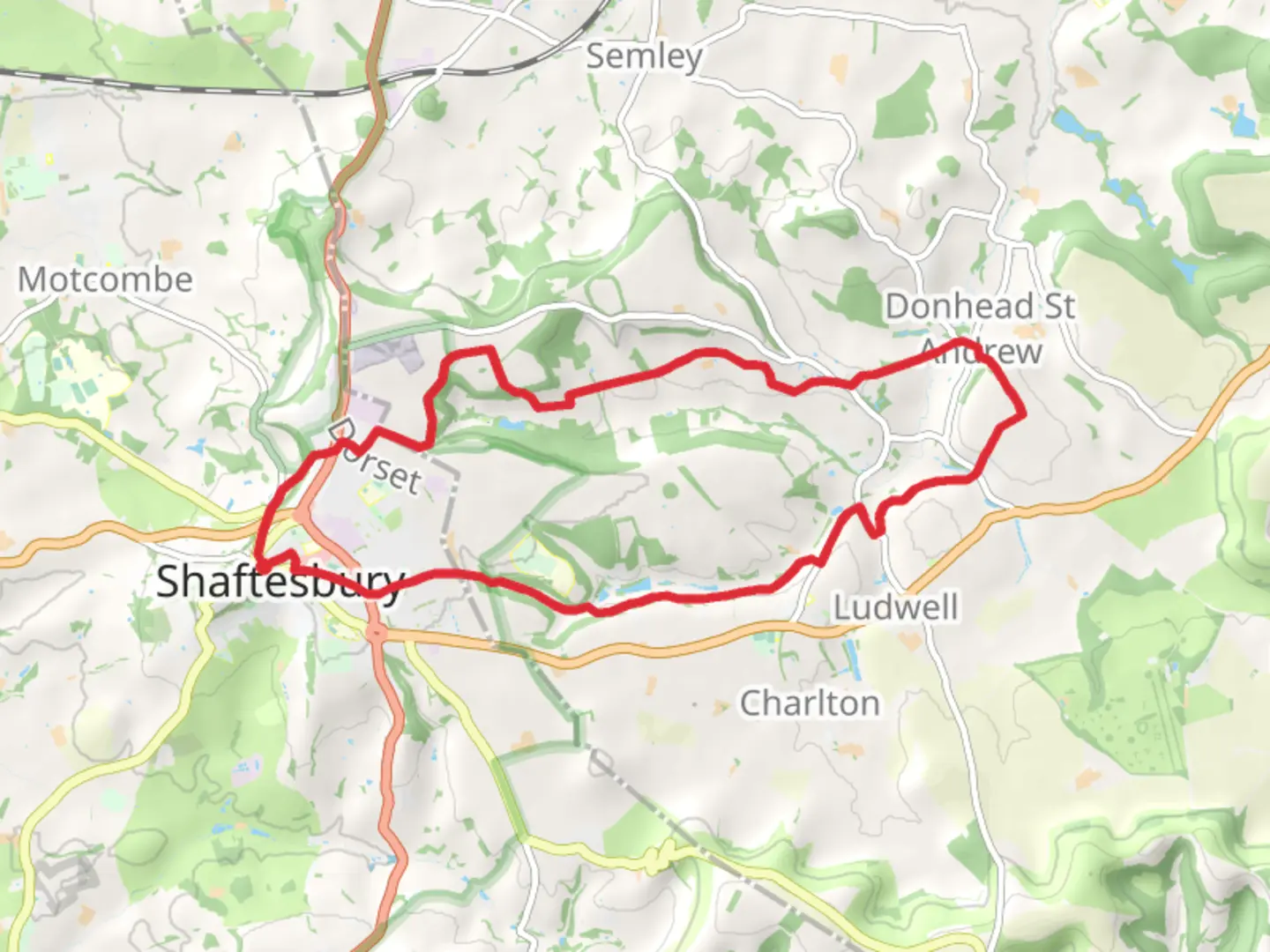 An image depicting the trail Shaftesbury to Donhead St Andrew Loop and its surrounding area.