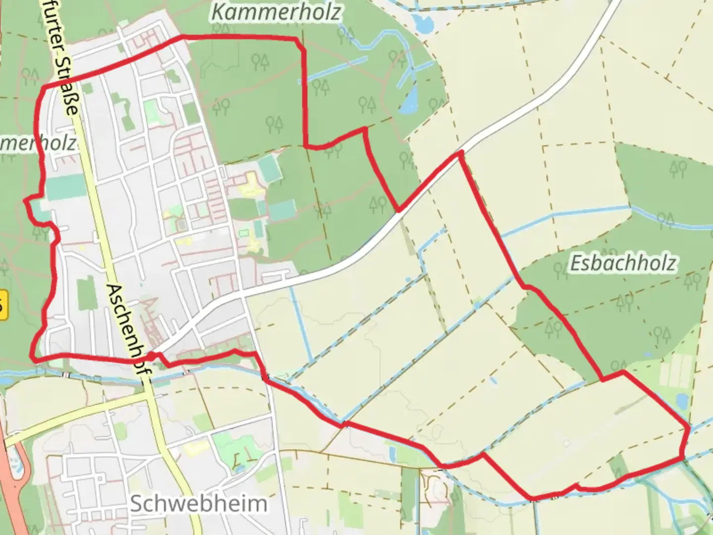 An image depicting the trail Schwebheim Loop via Kammerholz and its surrounding area.