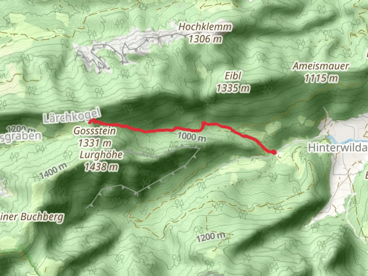 An image depicting the trail Goss Hinterwildalpen and its surrounding area.