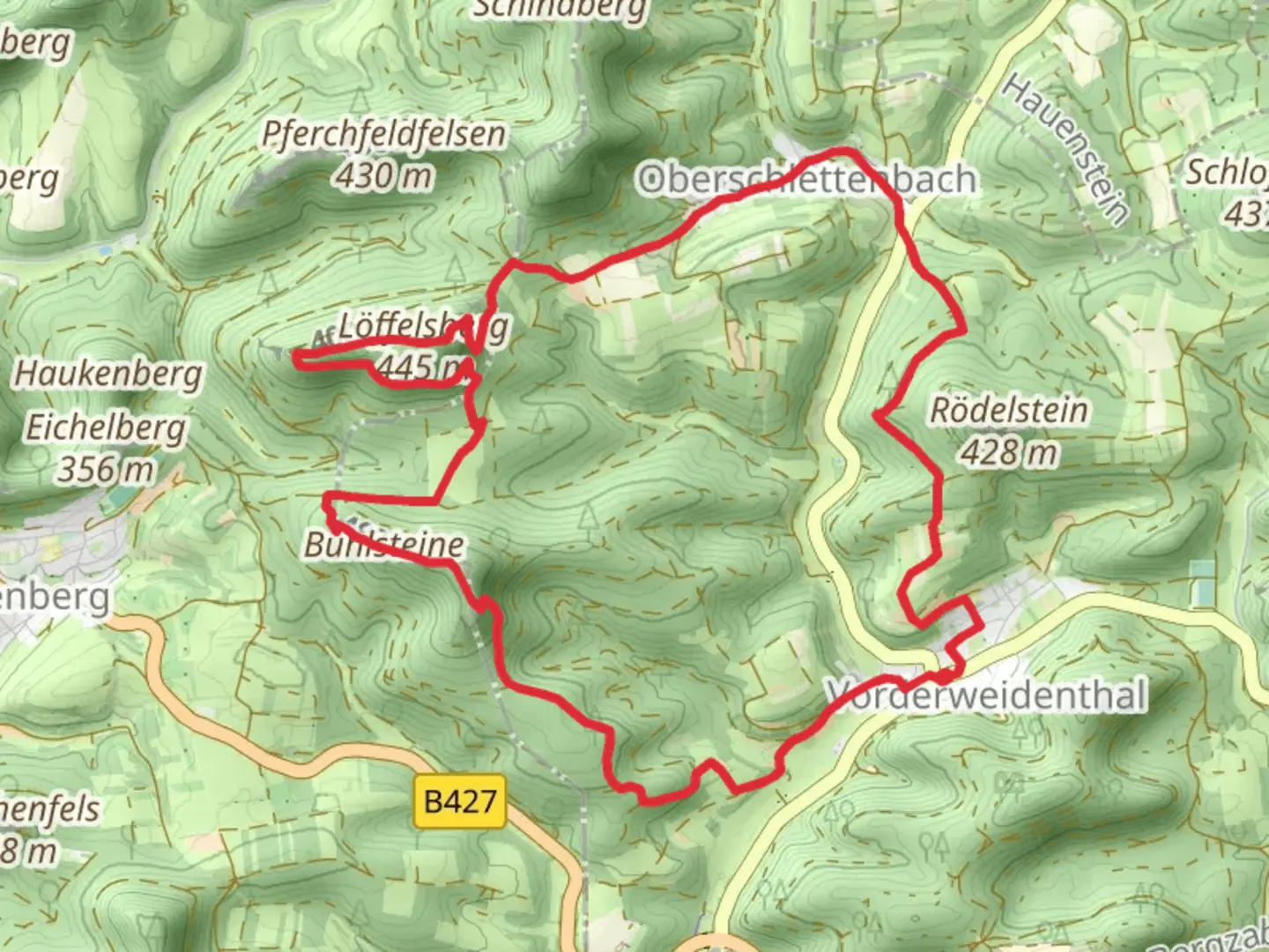 An image depicting the trail Rotsandsteinweg and Buehlhofweg and its surrounding area.