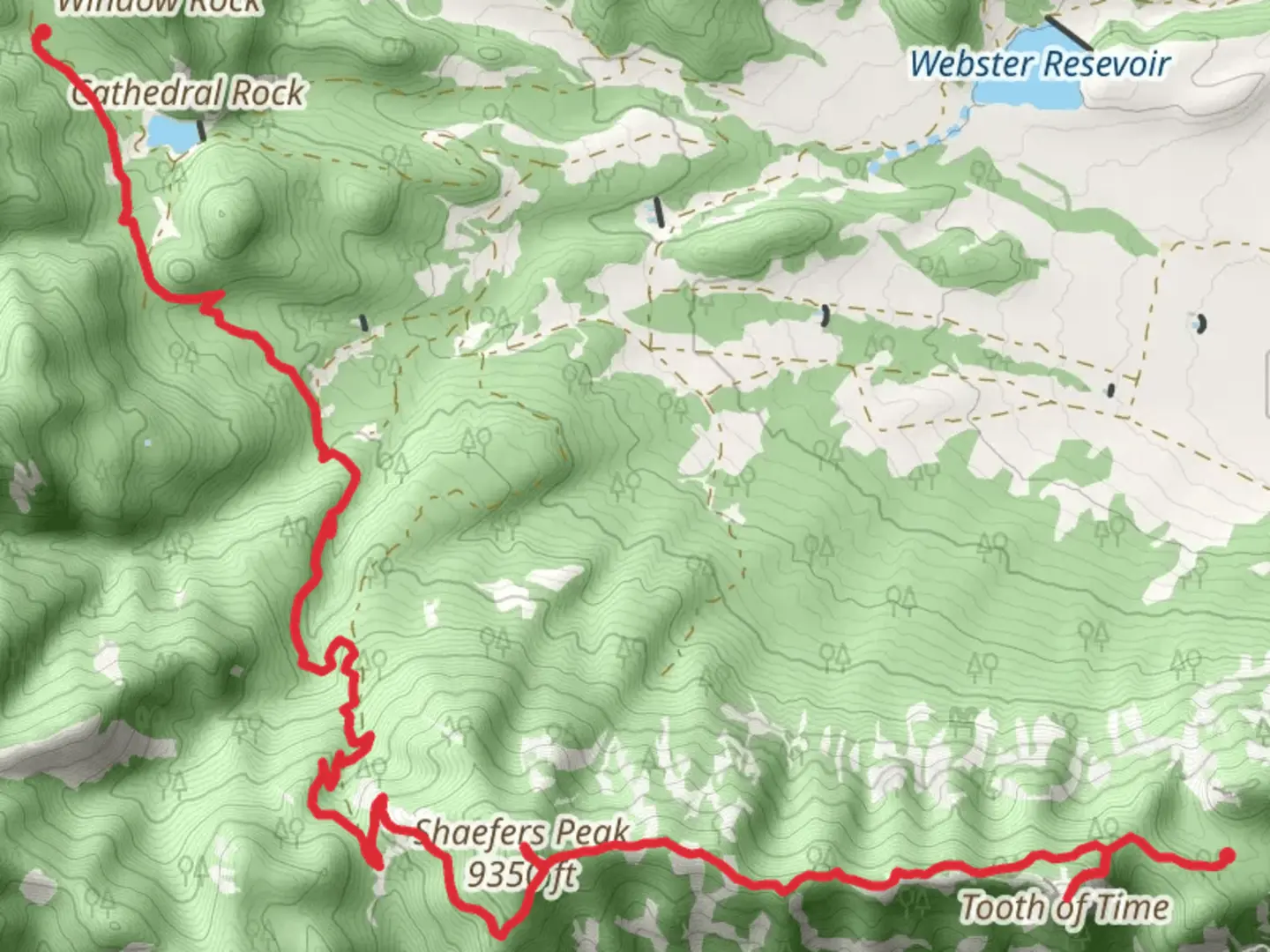 An image depicting the trail Hunting Lodge, Shaefers Peak, Tooth of Time and Tooth Ridge Camp and its surrounding area.
