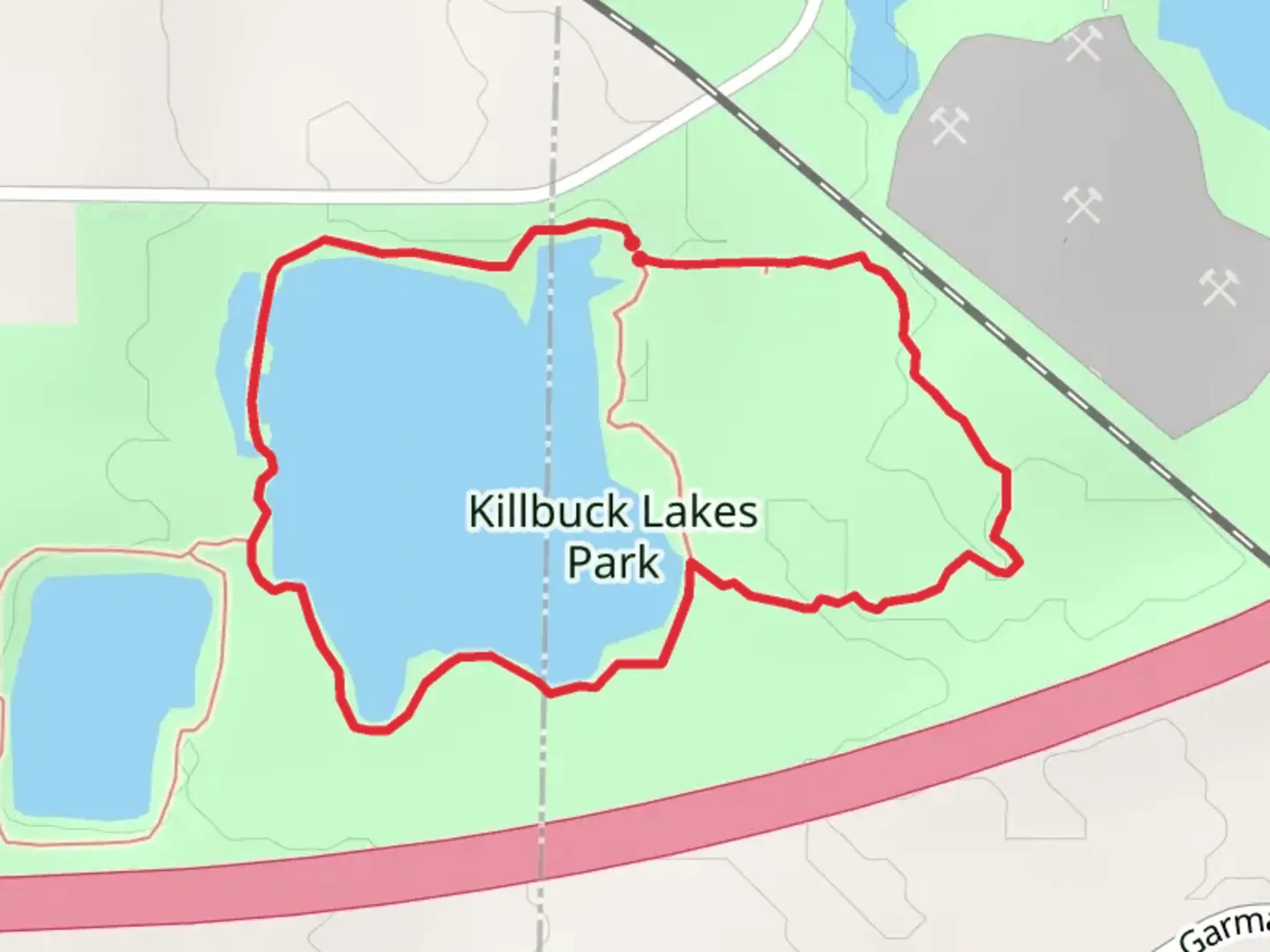 An image depicting the trail Killbuck Lakes Park and Observation Blind Loop and its surrounding area.