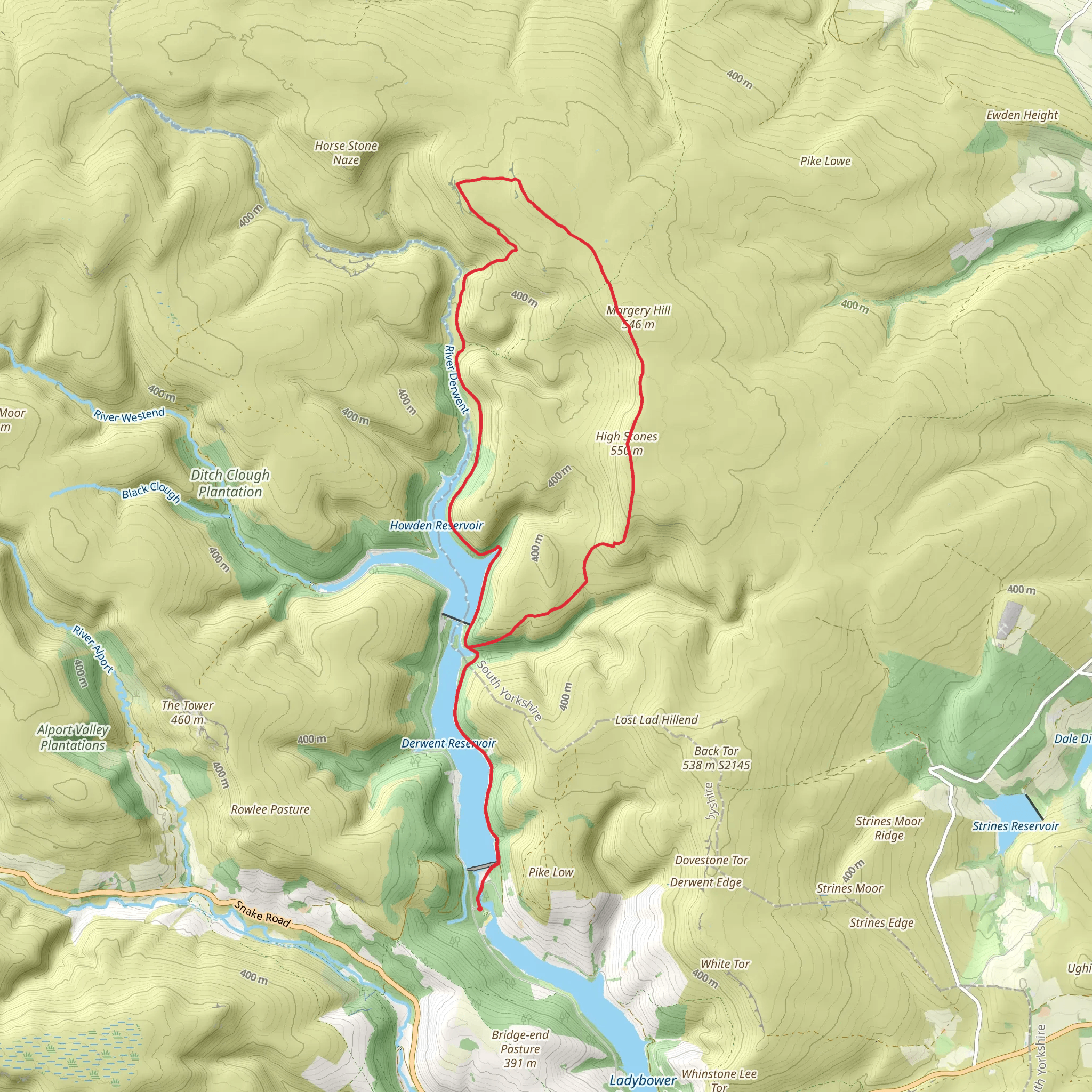 High Stones Loop via Derwent and Howden Reservoir mobile static map