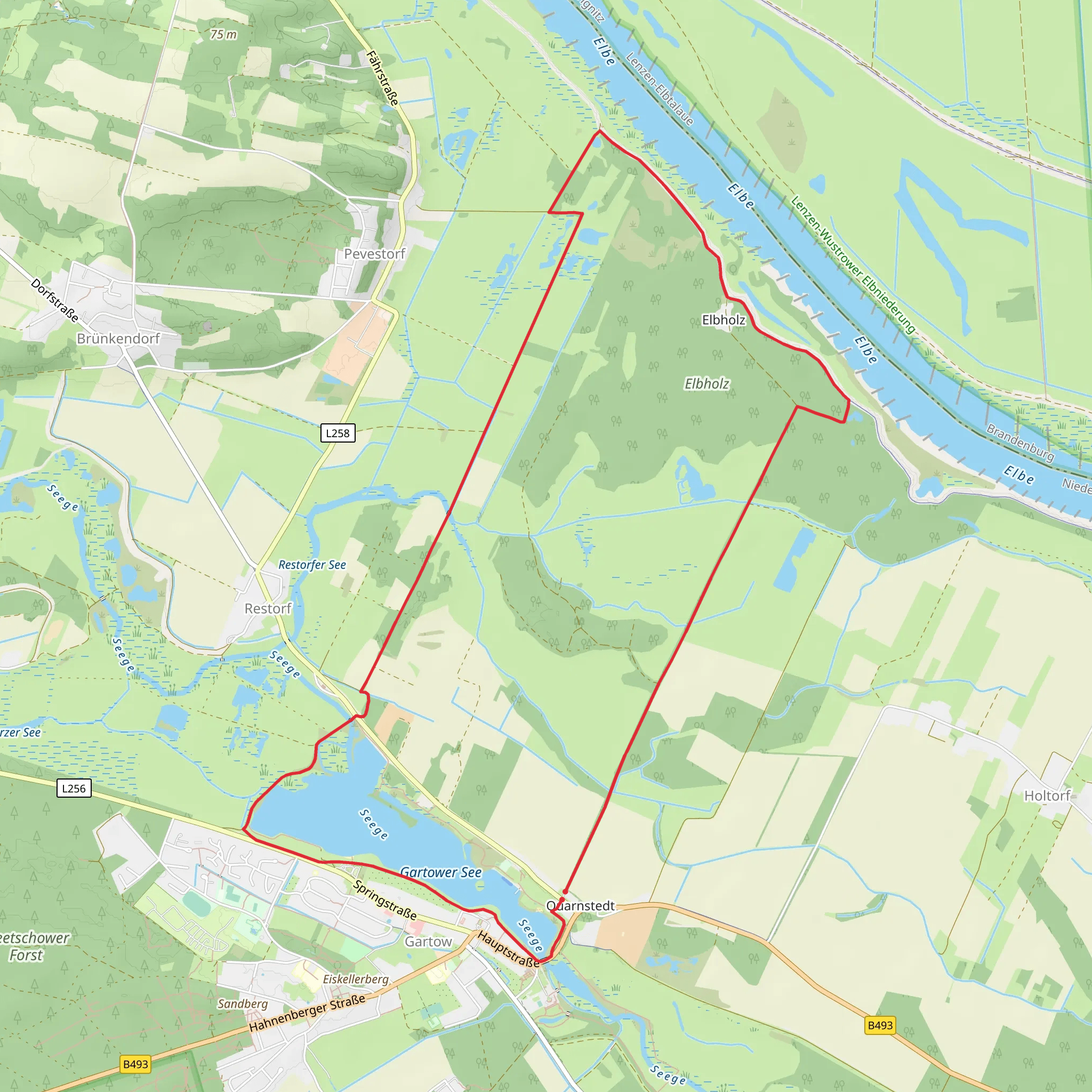 Beobachtungspunkt Elbholz, Beobachtungsplattform Westufer and Gartower See via Hoehbeck Elbholz Weg mobile static map