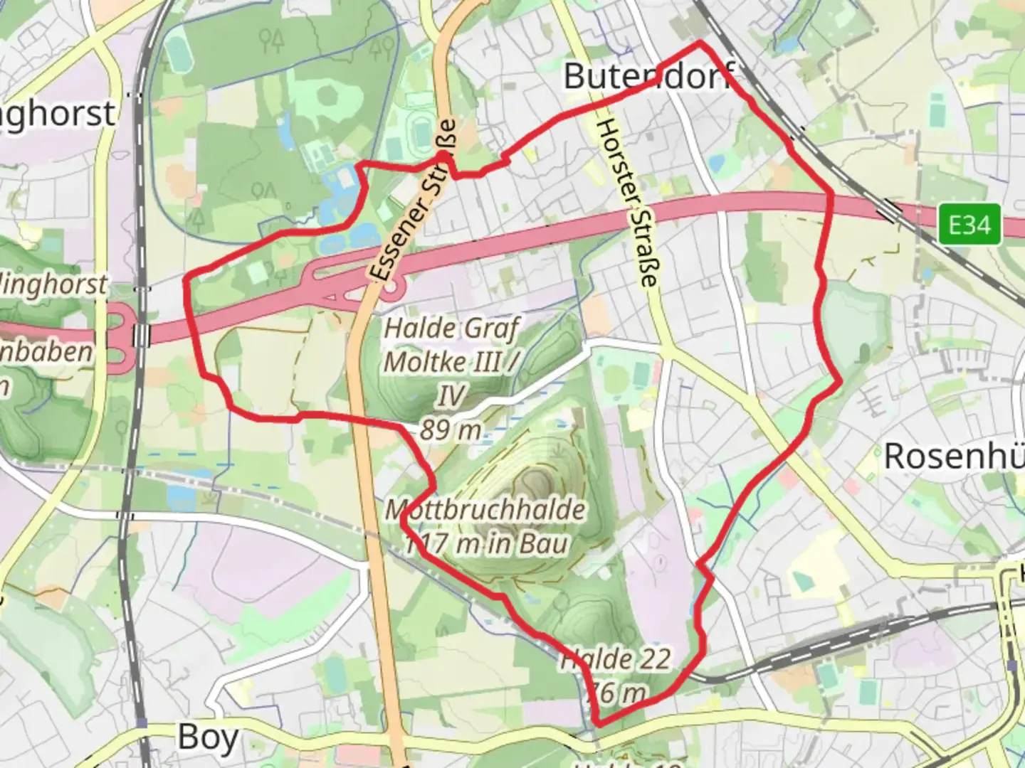 An image depicting the trail Butendorf Rundweg and its surrounding area.