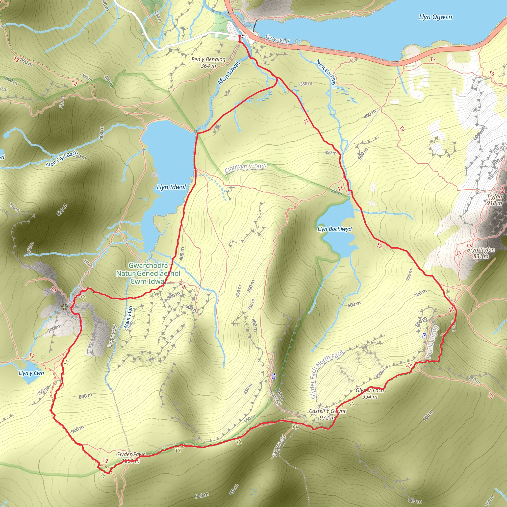 The Traverse of the Glyder Ridge from Ogwen mobile static map