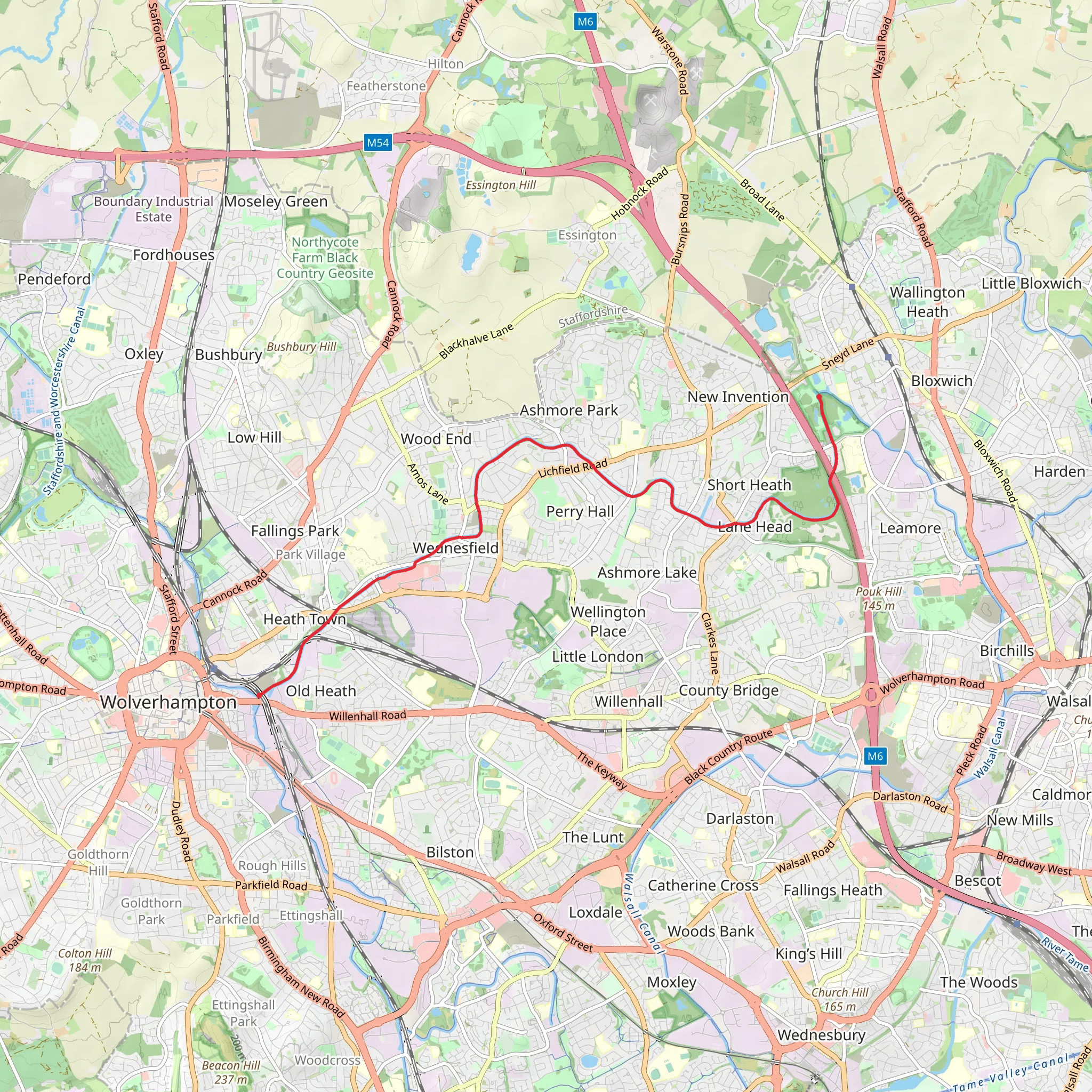 Wolverhampton to Oily Goughs Local Nature Reserve mobile static map