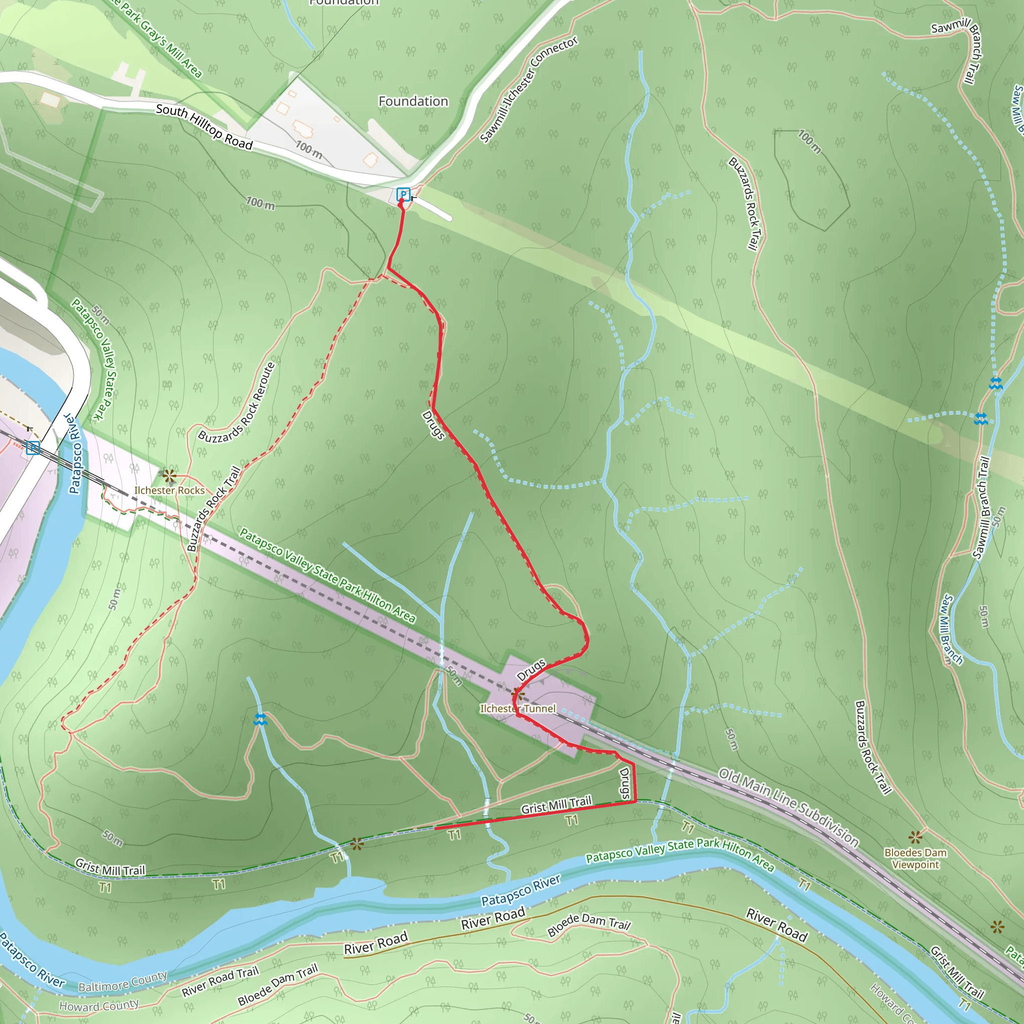 Drugs and Grist Mill Trail mobile static map