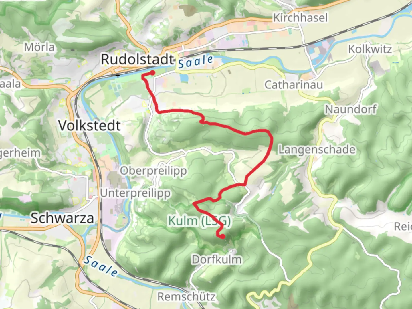 An image depicting the trail Rudolstadt to Kulm via Lutherweg Thueringen and its surrounding area.