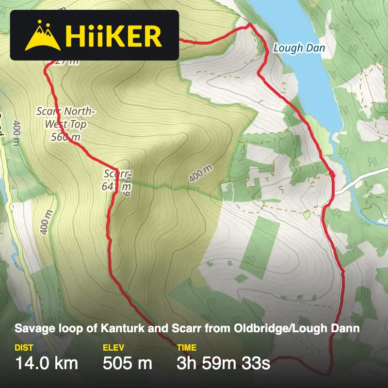 A map preview of the recording Savage loop of Kanturk and Scarr from Oldbridge/Lough Dann.