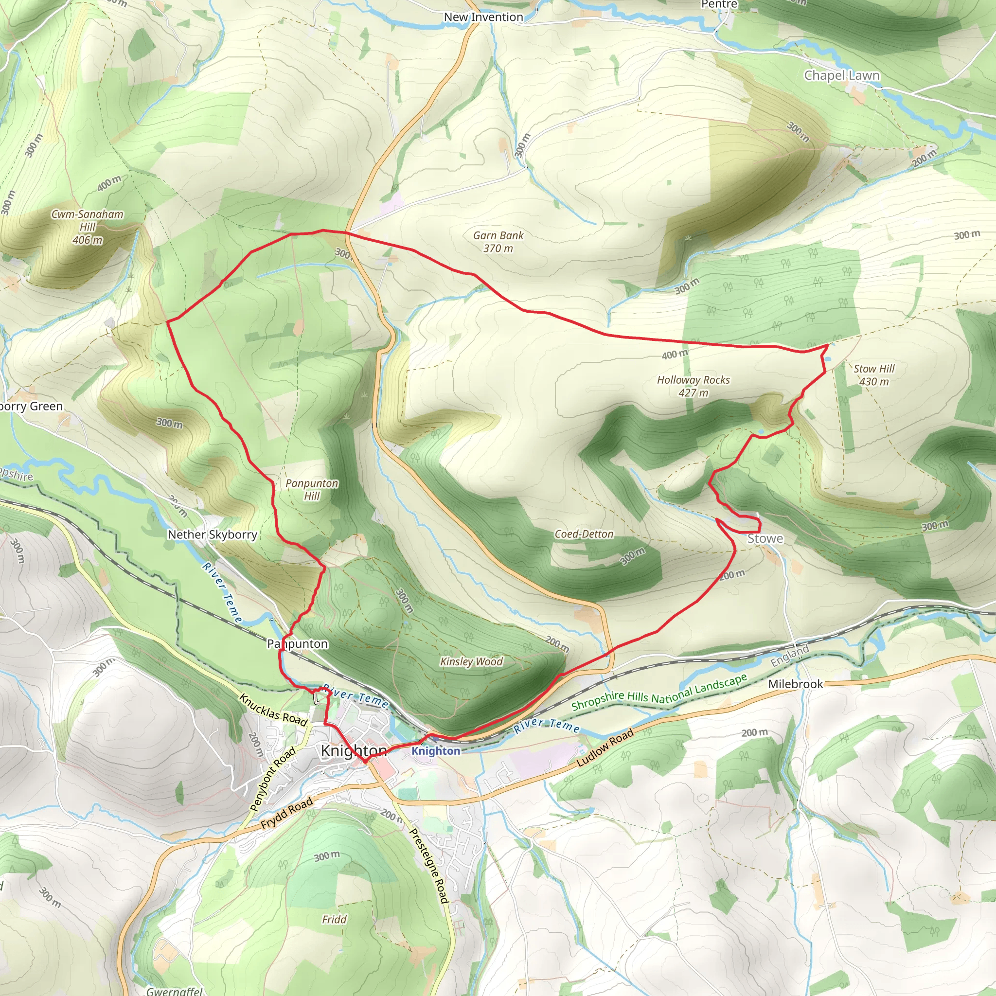 Panpunton Hill and Stowe from Knighton mobile static map