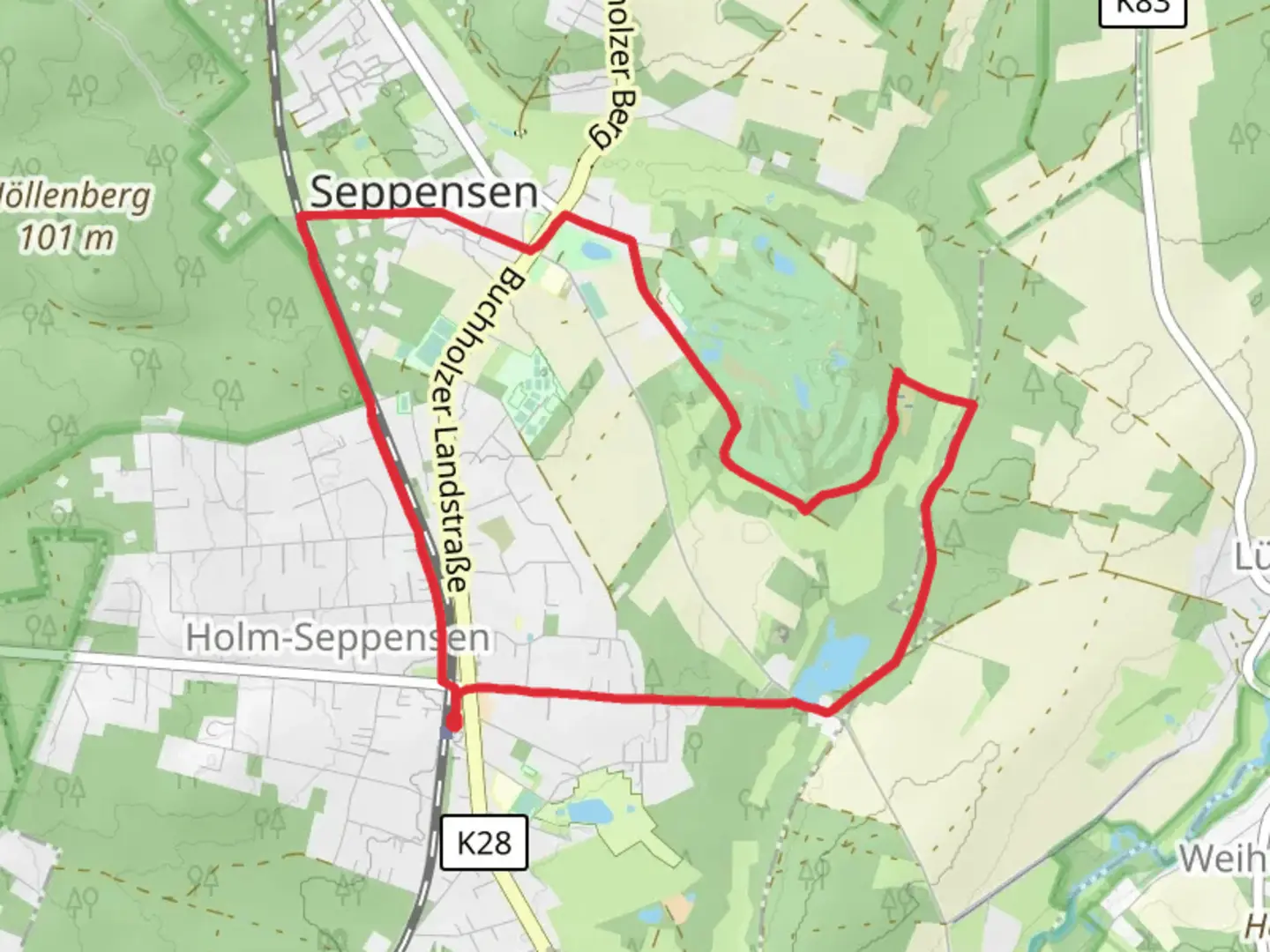 An image depicting the trail Seppenser Muehlenteich via Ho-Se Grauer Rundwanderweg and Buchholz and its surrounding area.