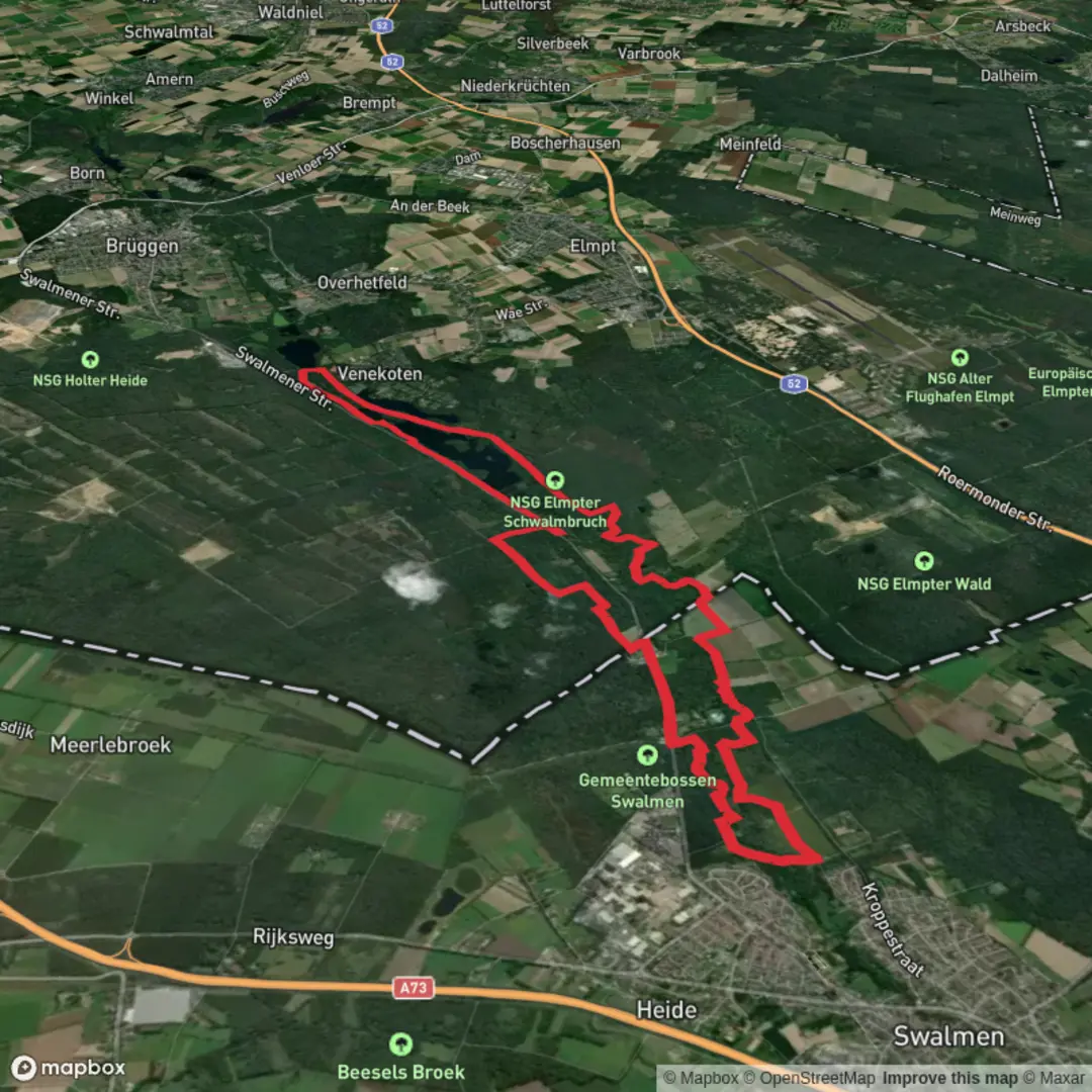 An image depicting the trail Diergardt'scher See via Meinweg and Schwalmbruch and its surrounding area.
