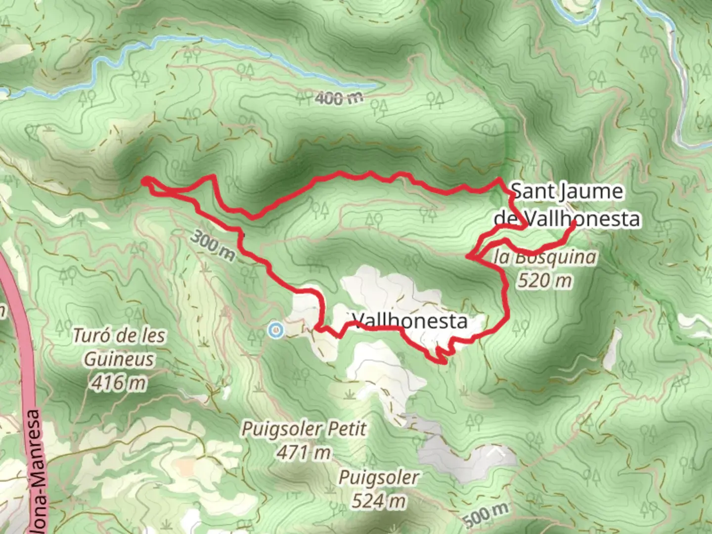 An image depicting the trail To Sant Jaume de Vallhonesta by the Camí del Maquis SL C 61 and its surrounding area.
