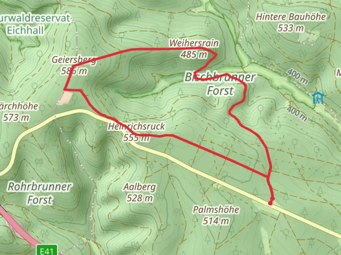 An image depicting the trail Weiherstrain via Heunweg and its surrounding area.