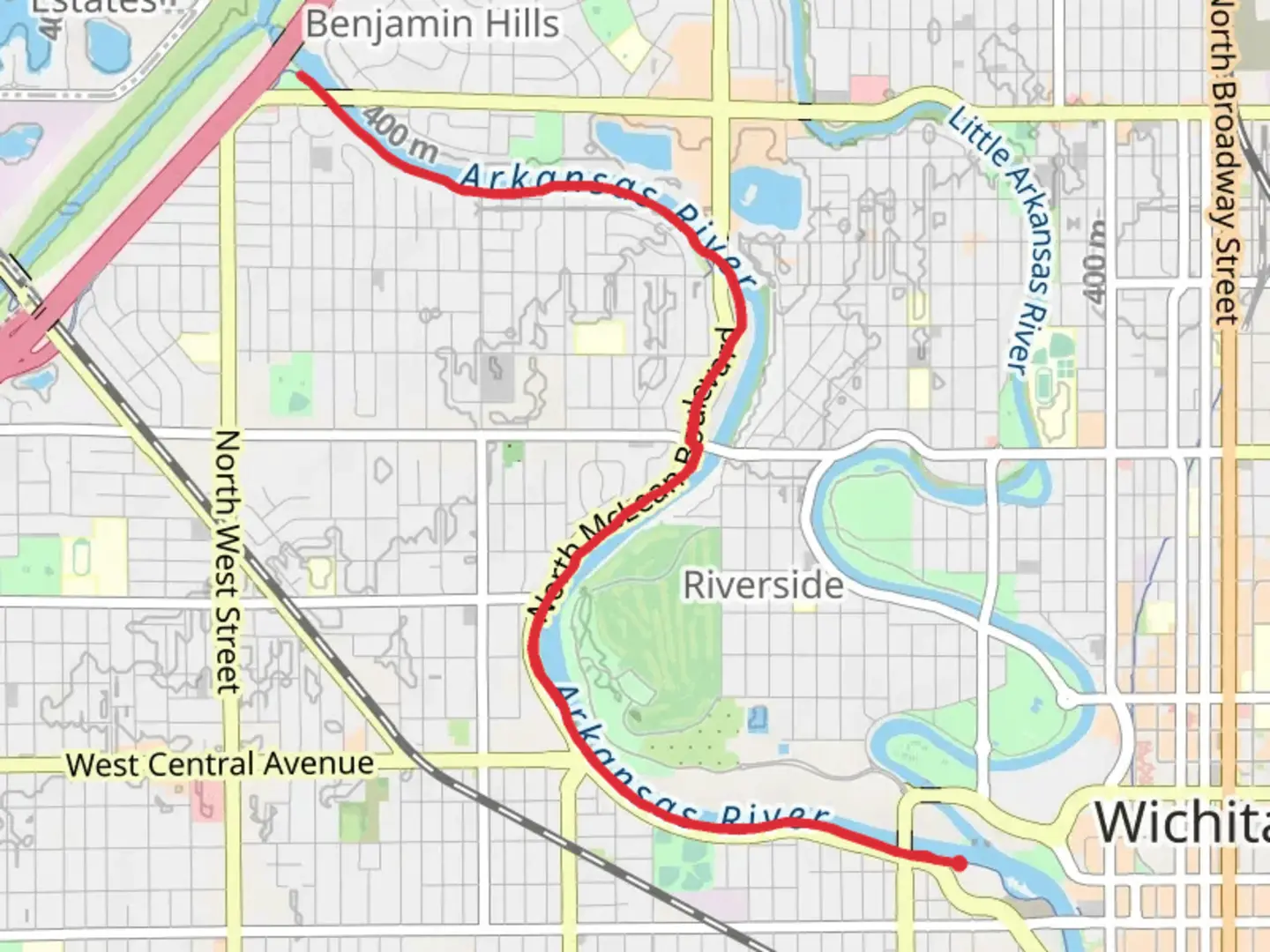 An image depicting the trail Arkansas River Walk and its surrounding area.