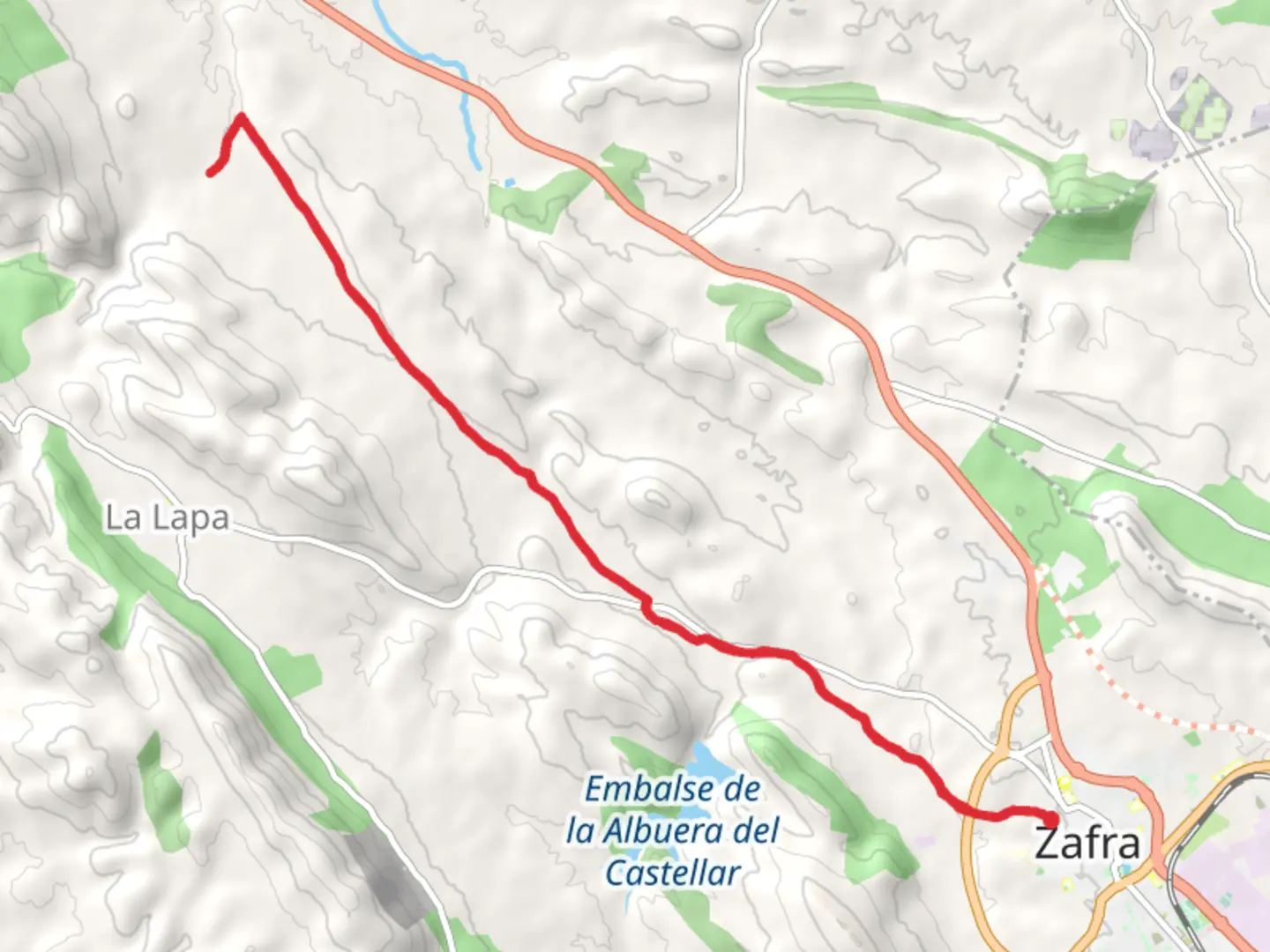 An image depicting the trail Zafra to Puente Llorente Bridge PR BA 155 and its surrounding area.