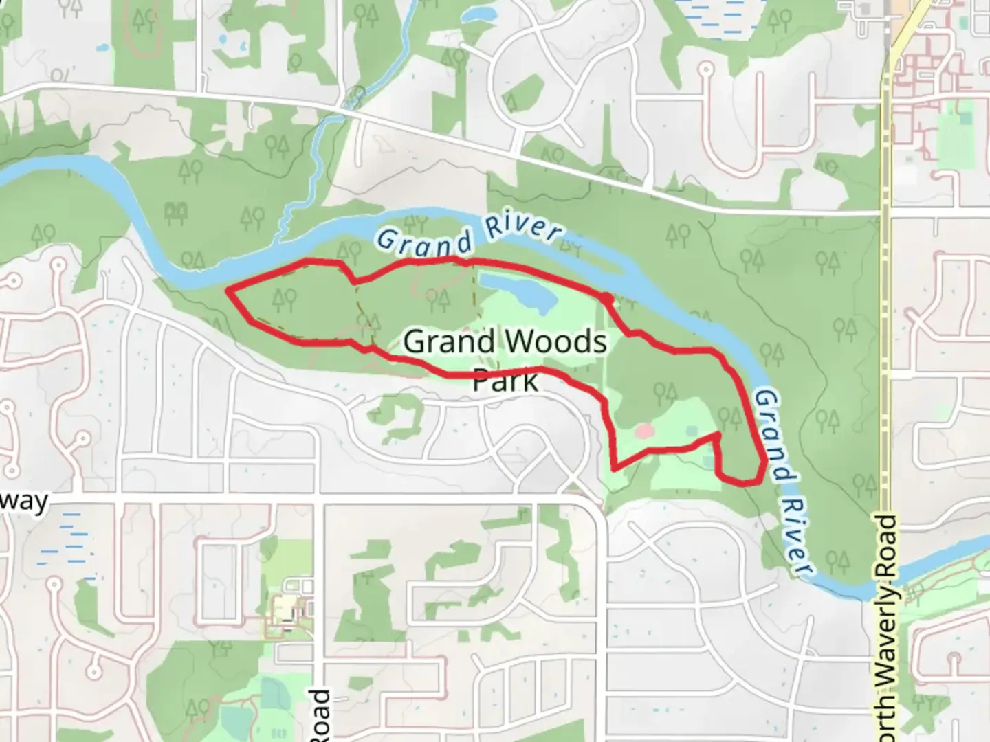 An image depicting the trail Grand River and Grand Woods Park Loop and its surrounding area.
