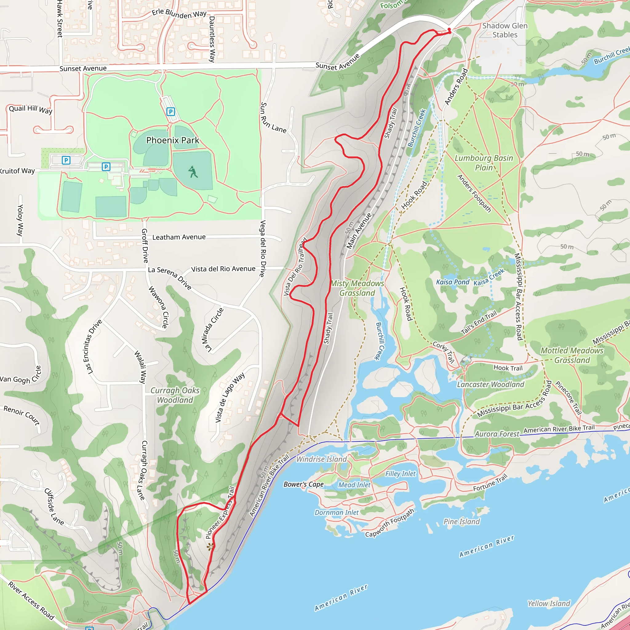 American River - Shady Trail and Middle Ridge Trail mobile static map