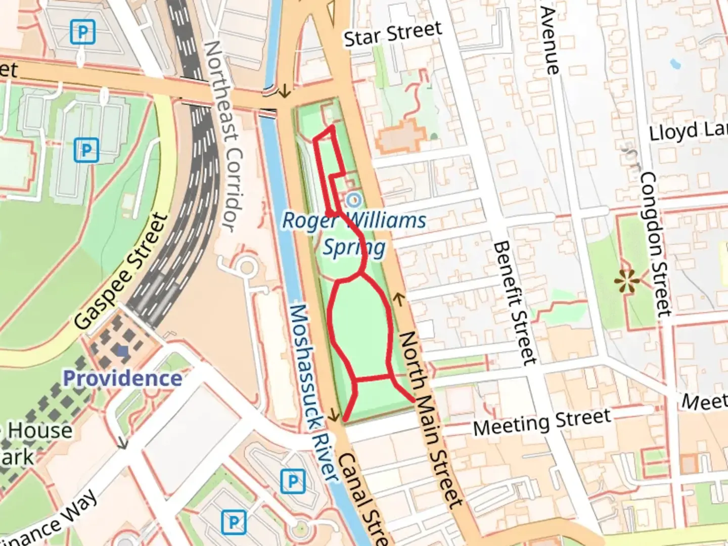 An image depicting the trail Roger Williams National Monument Trail and its surrounding area.