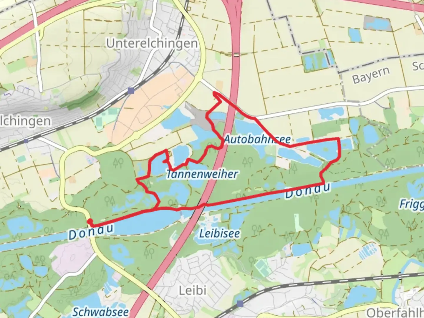 An image depicting the trail Franz-Willbold See and Schuetzensee via Donausteg Tour and its surrounding area.