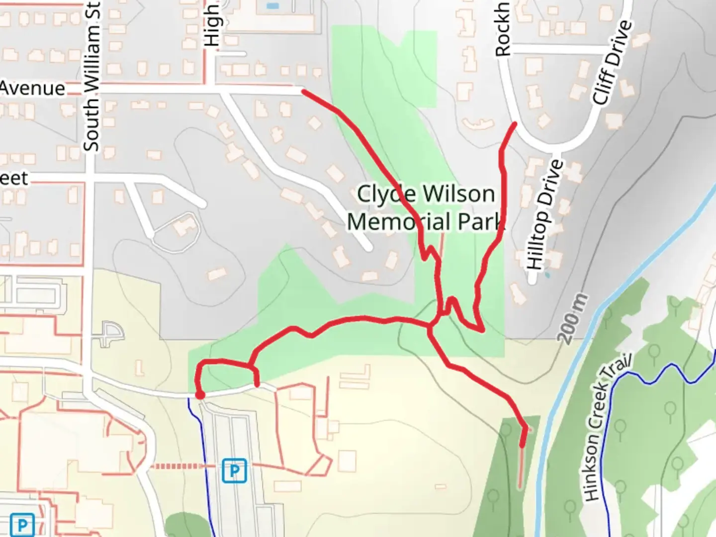 An image depicting the trail Clyde Wilson Memorial Park and its surrounding area.