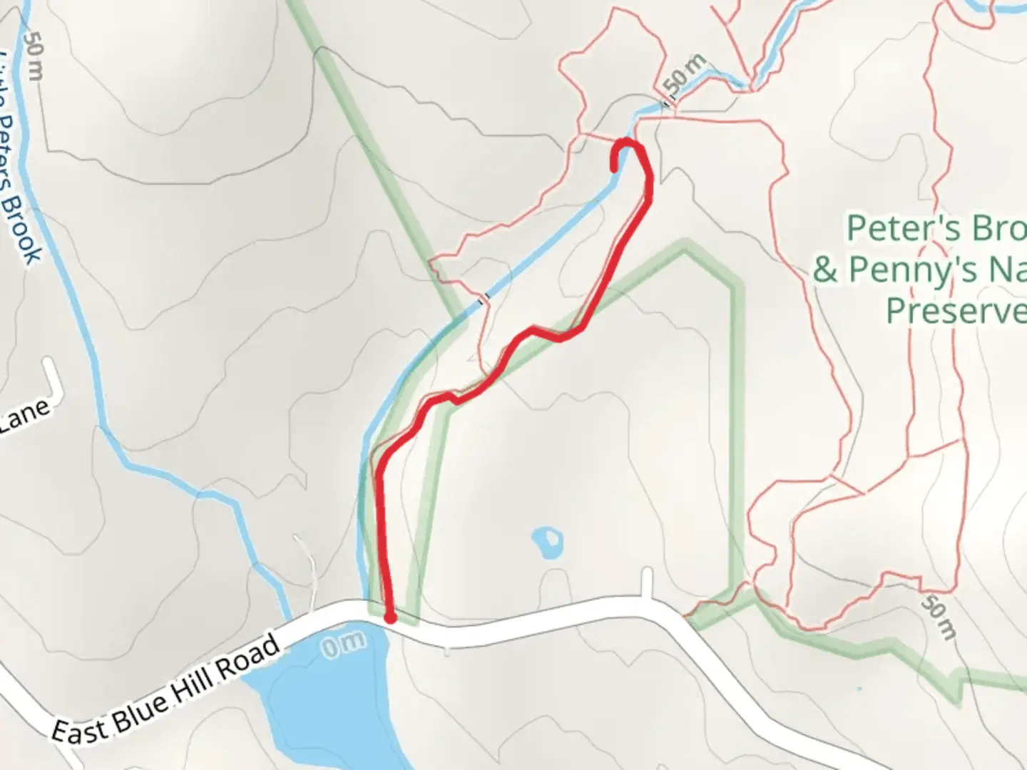 An image depicting the trail Peters Brook Trail from East Blue Hill Road and its surrounding area.