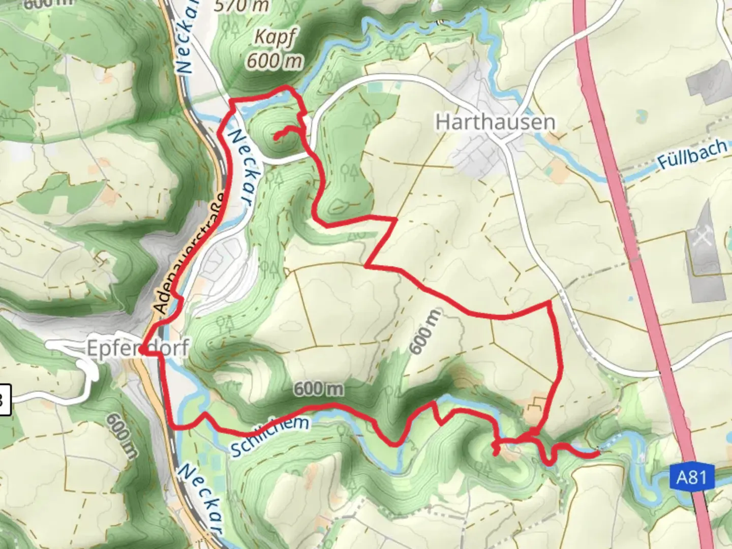 An image depicting the trail Burg Urslingen and Schlichemklamm via Roter Punkt Schenkenburg and its surrounding area.