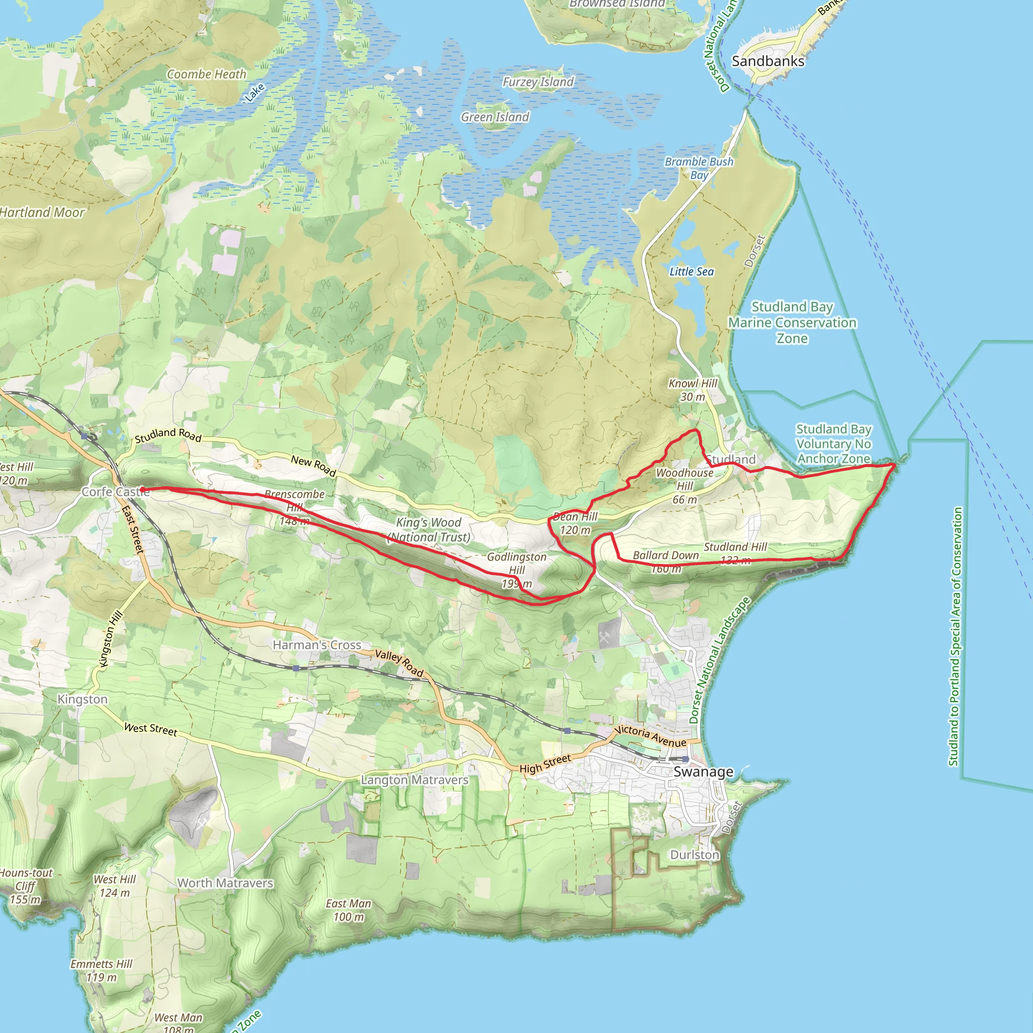 Corfe Castle to Studland Loop via Old Harry Rocks mobile static map