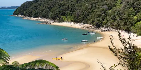 An image depicting the trail Observation Beach via Abel Tasman Coastal Track and its surrounding area.