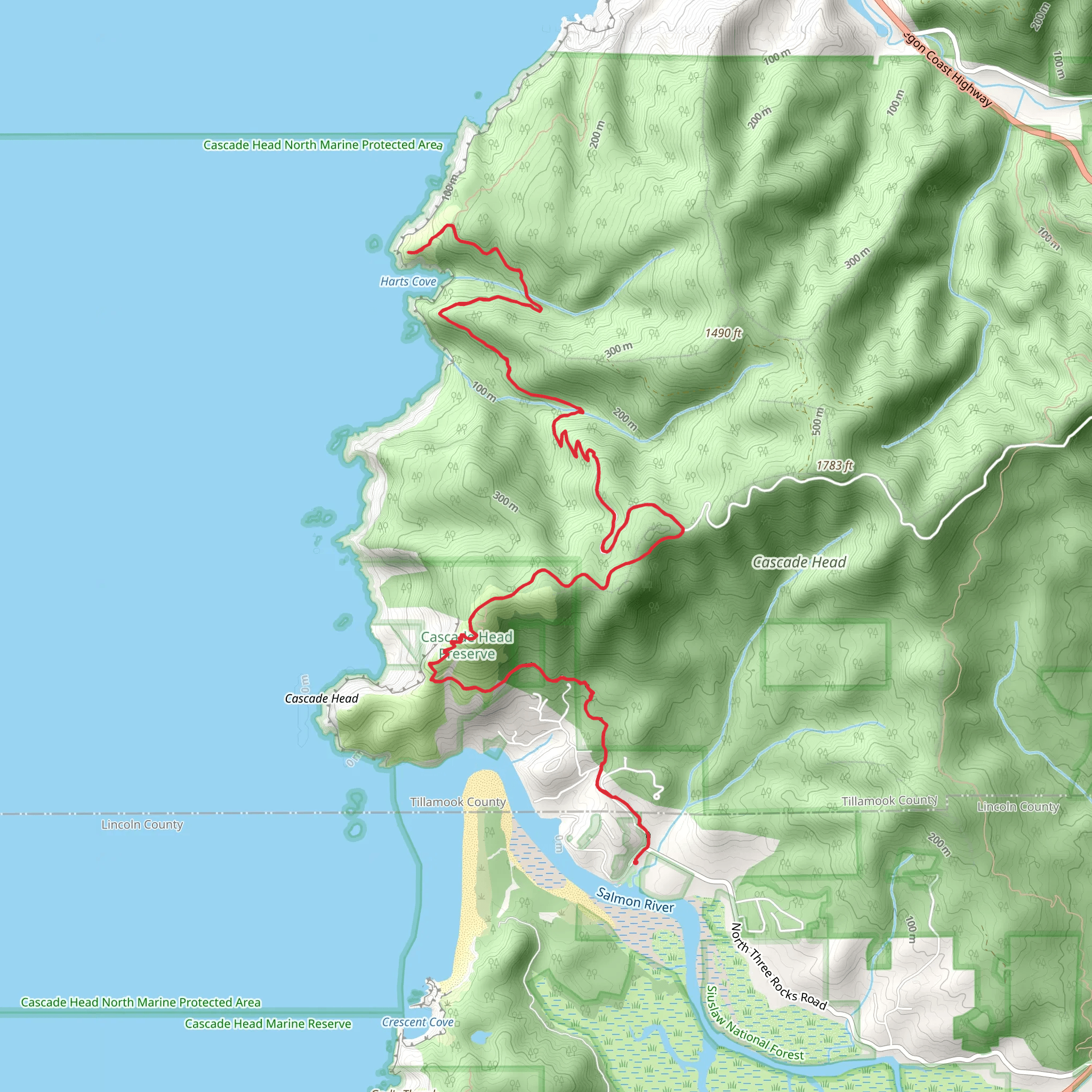 Cascade Head and Harts Cove Trail mobile static map