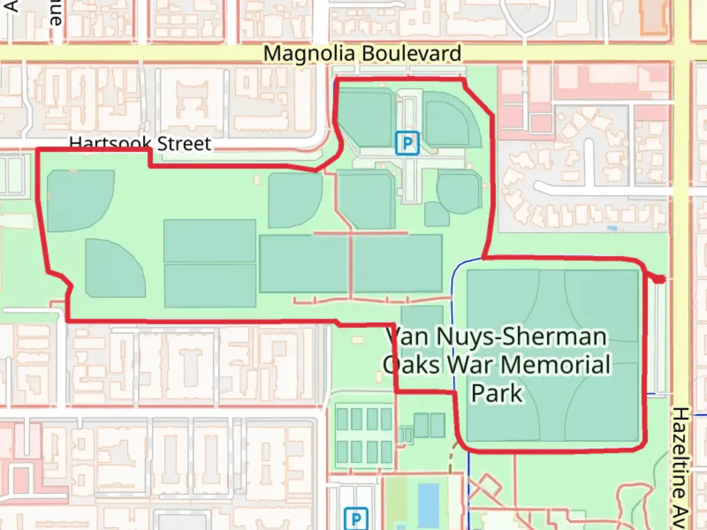 An image depicting the trail Van Nuys Sherman Oaks War Memorial Park Loop and its surrounding area.