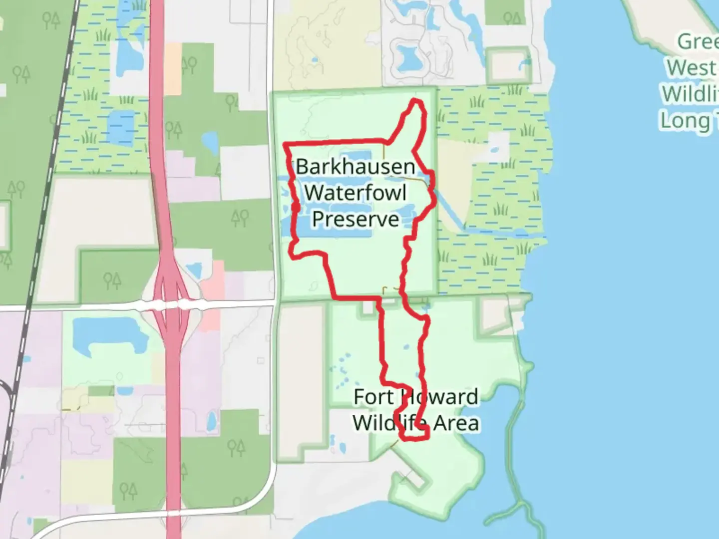 An image depicting the trail Barkhausen Waterfowl Preserve and Fort Howard Wildlife Area Loop and its surrounding area.