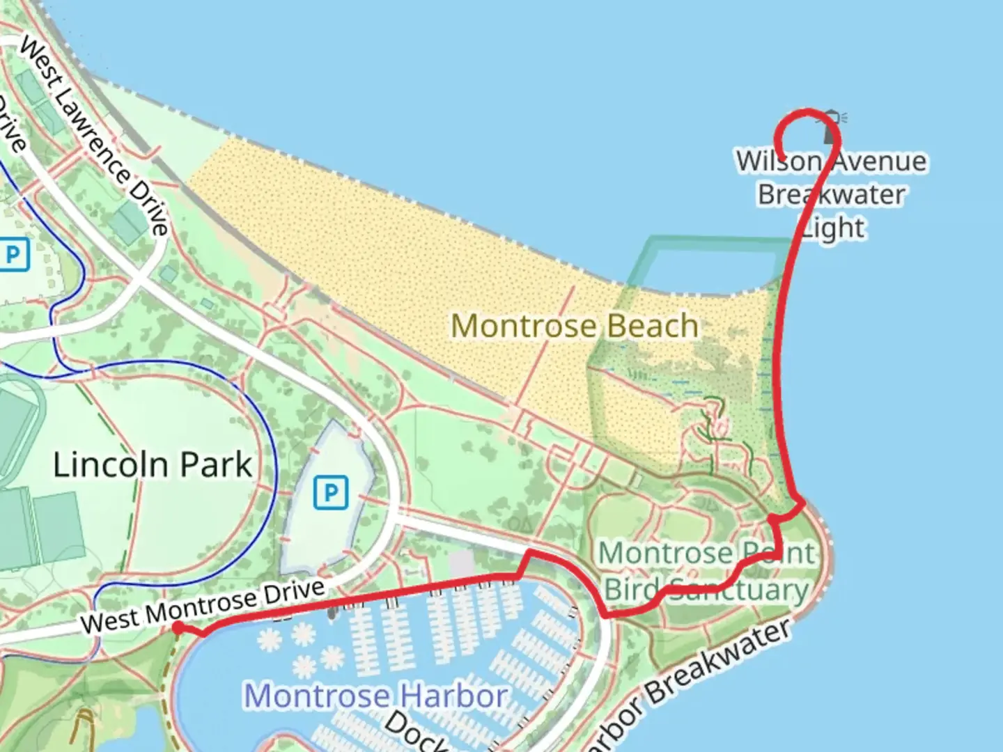 An image depicting the trail Montrose Point Bird Sanctuary and Montrose Harbor Beacon Walk and its surrounding area.