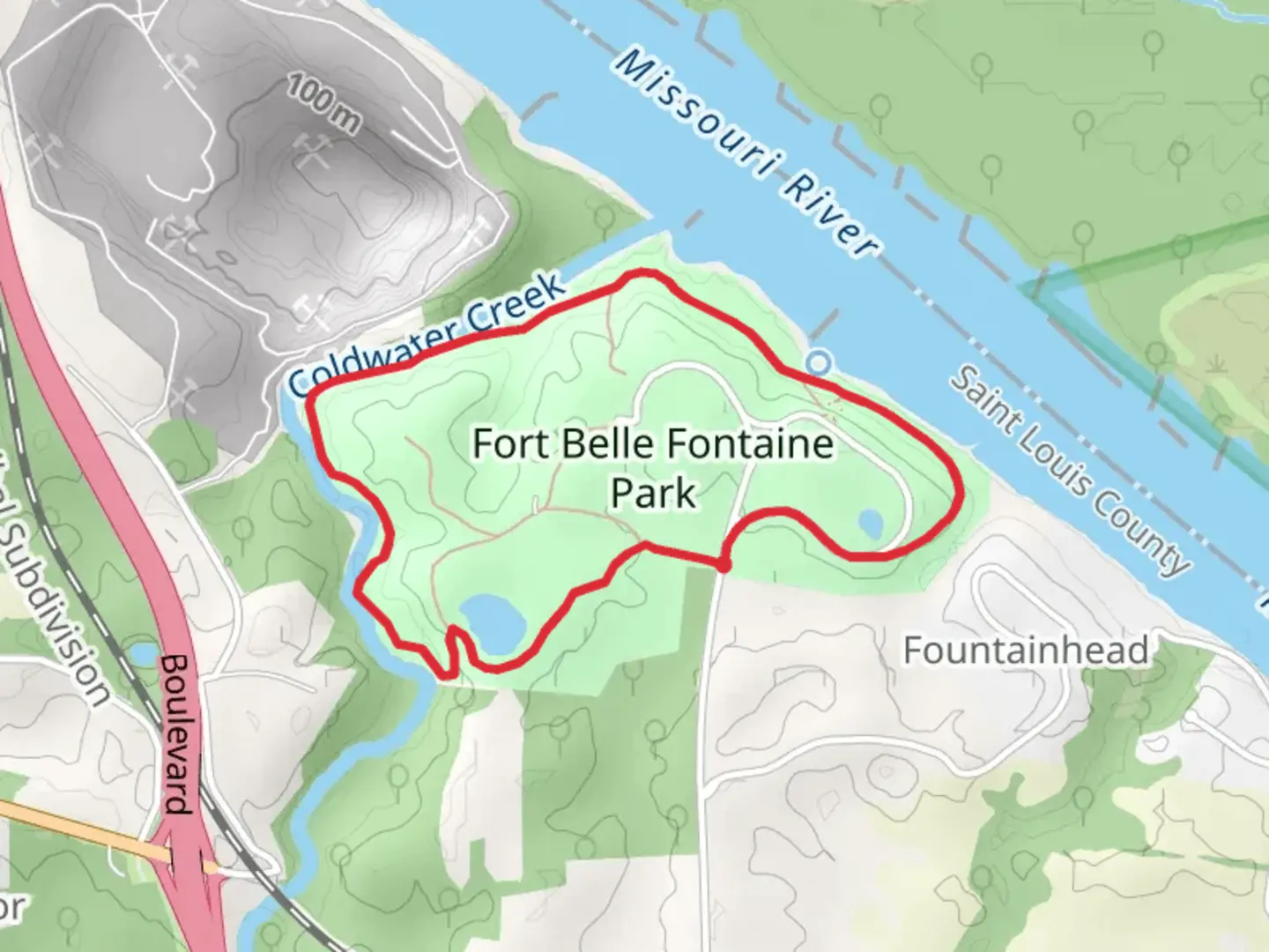 An image depicting the trail Fort Belle Fontaine Park Loop and its surrounding area.