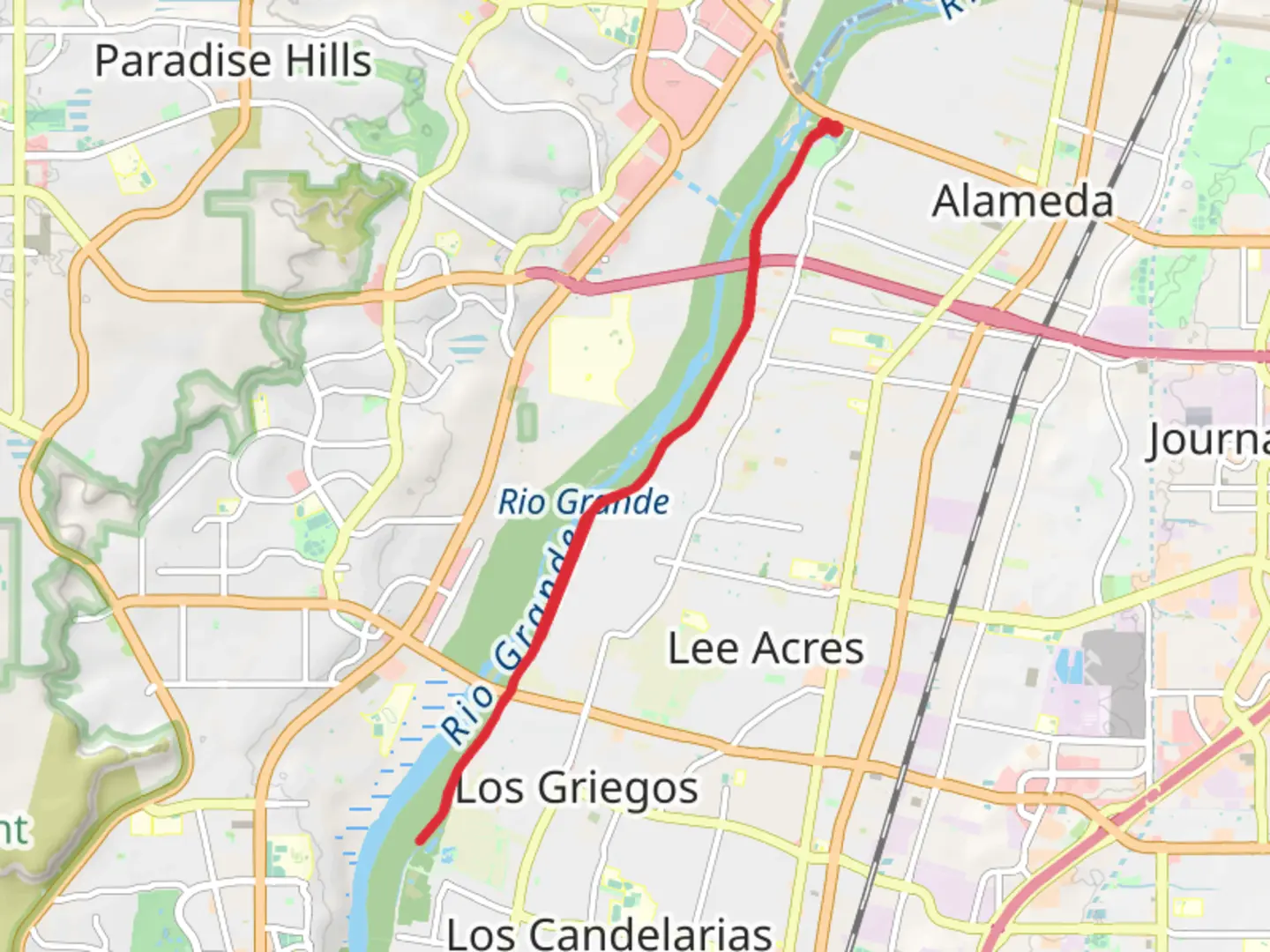 An image depicting the trail Paseo del Bosque Trail - Bachechi Open Space and its surrounding area.