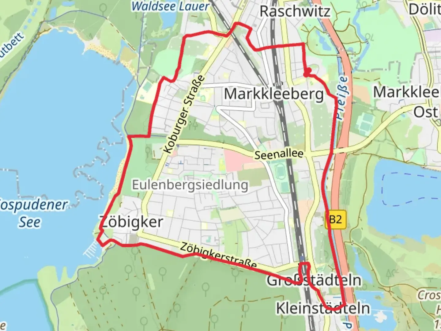 An image depicting the trail Pleiße Loop via Lutherweg Sachsen and its surrounding area.