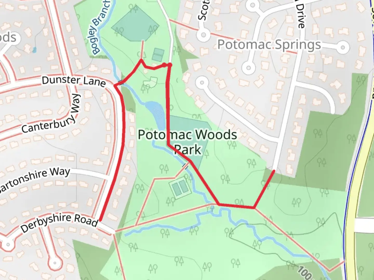 An image depicting the trail Potomac Woods Park and its surrounding area.