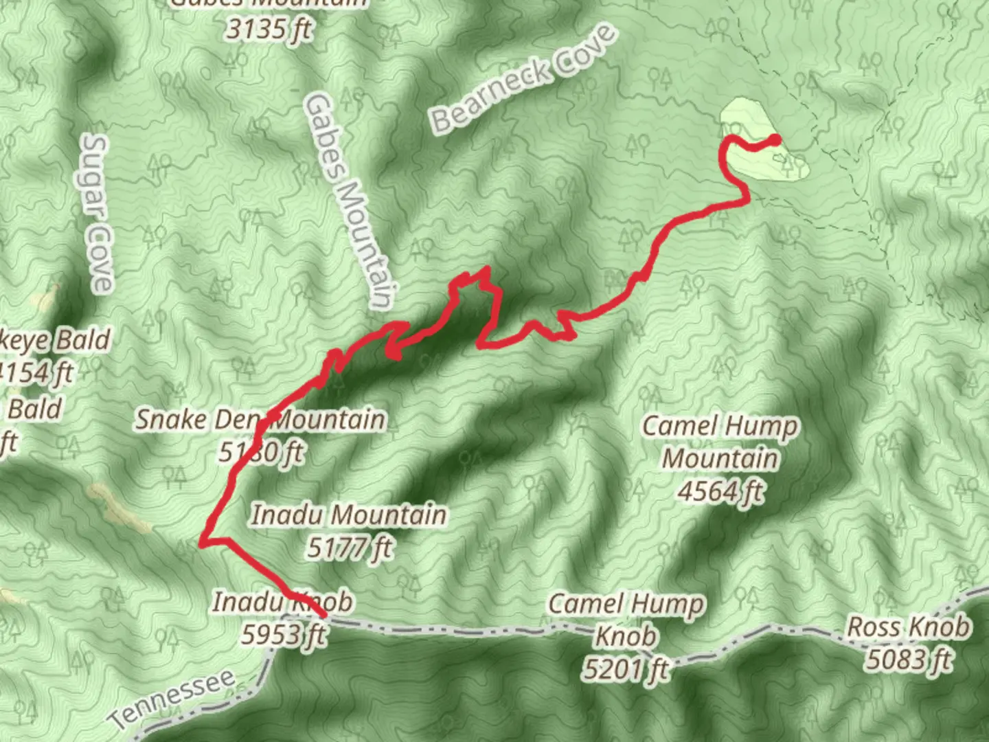 An image depicting the trail Snake Den Mountain via Snake Den Ridge Trail and its surrounding area.