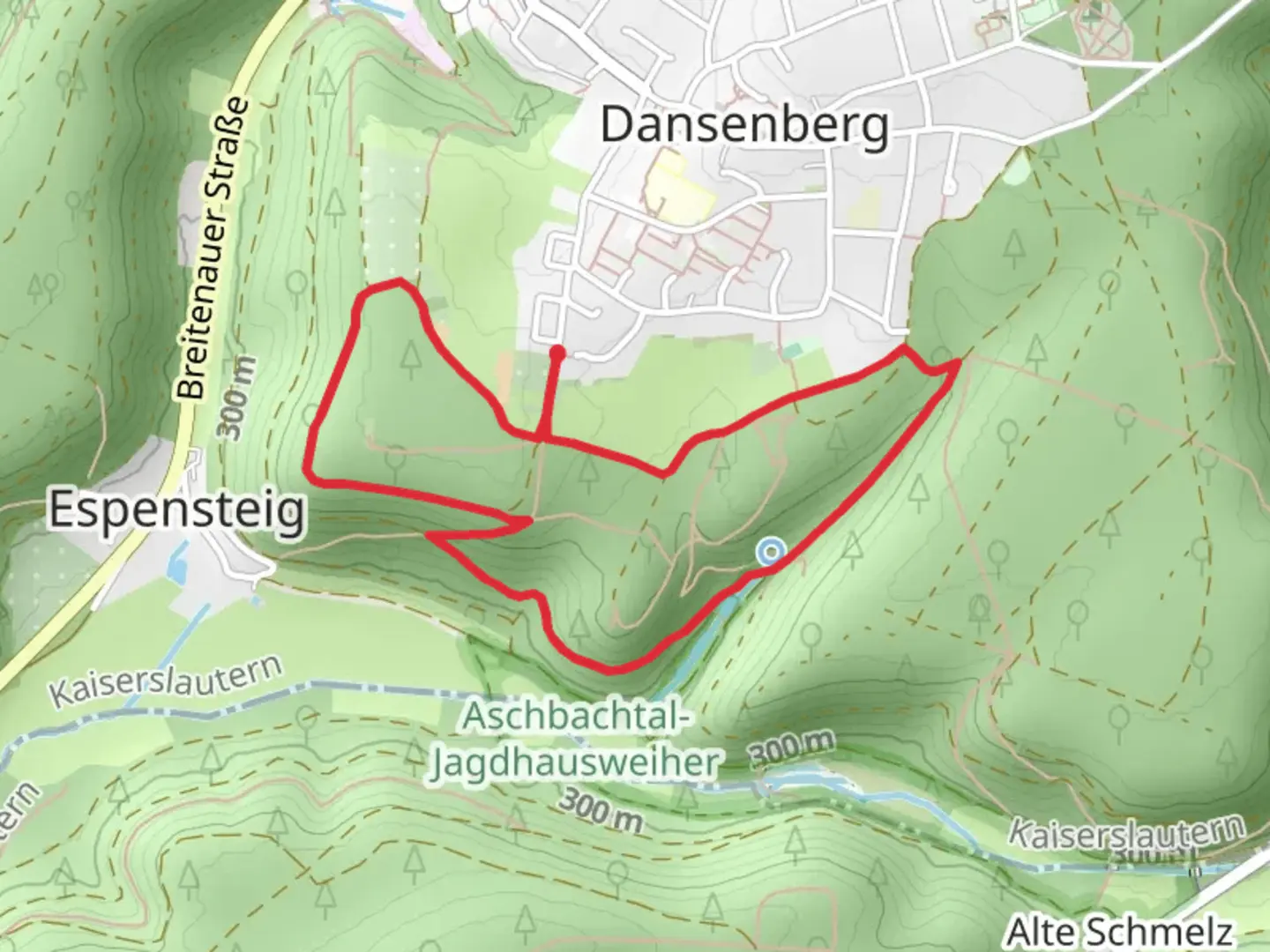 An image depicting the trail Bergbrunner Kopf Loop via Wanderweg Dasenberg 3 and 1 and its surrounding area.